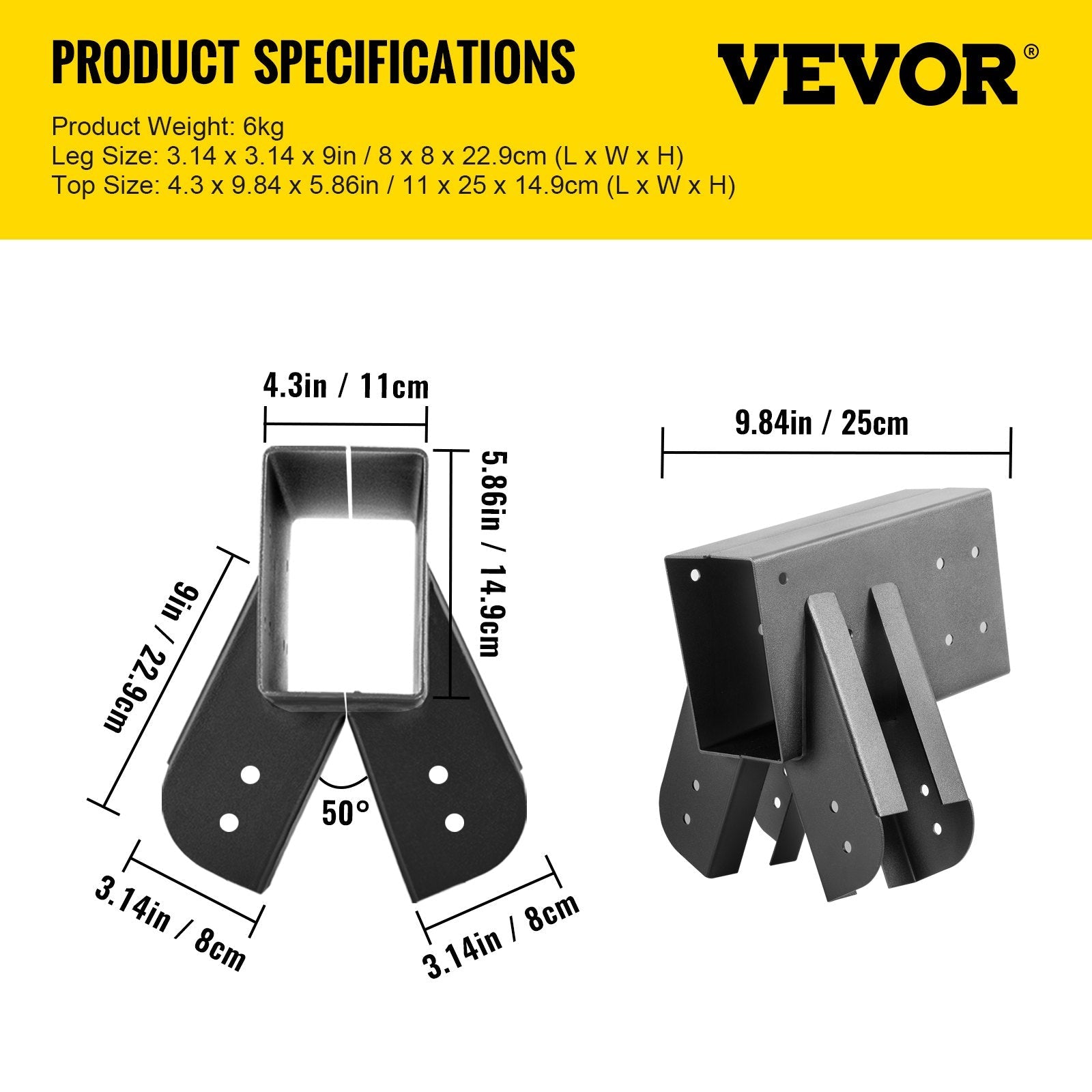 VEVOR Swing Set Bracket 9.84" Swing Bracket A-Frame Construction Swing Set Hardware Iron Material with Black Powder Coated DIY Swing Set End Bracket Swing Set Kit for 2(4x4") Legs & 1(4x6") beam-2PCS 