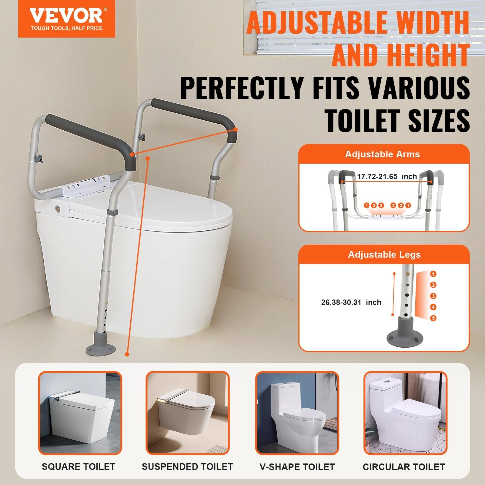 VEVOR Toilet Safety Rail, Bathroom Toilet Seat Frame, Adjustable Width & Height Fit Most Toilets, Supports 300lbs, Toilet Handles Grab Bars with Padded Armrests for Handicap, Disabled, Seniors 