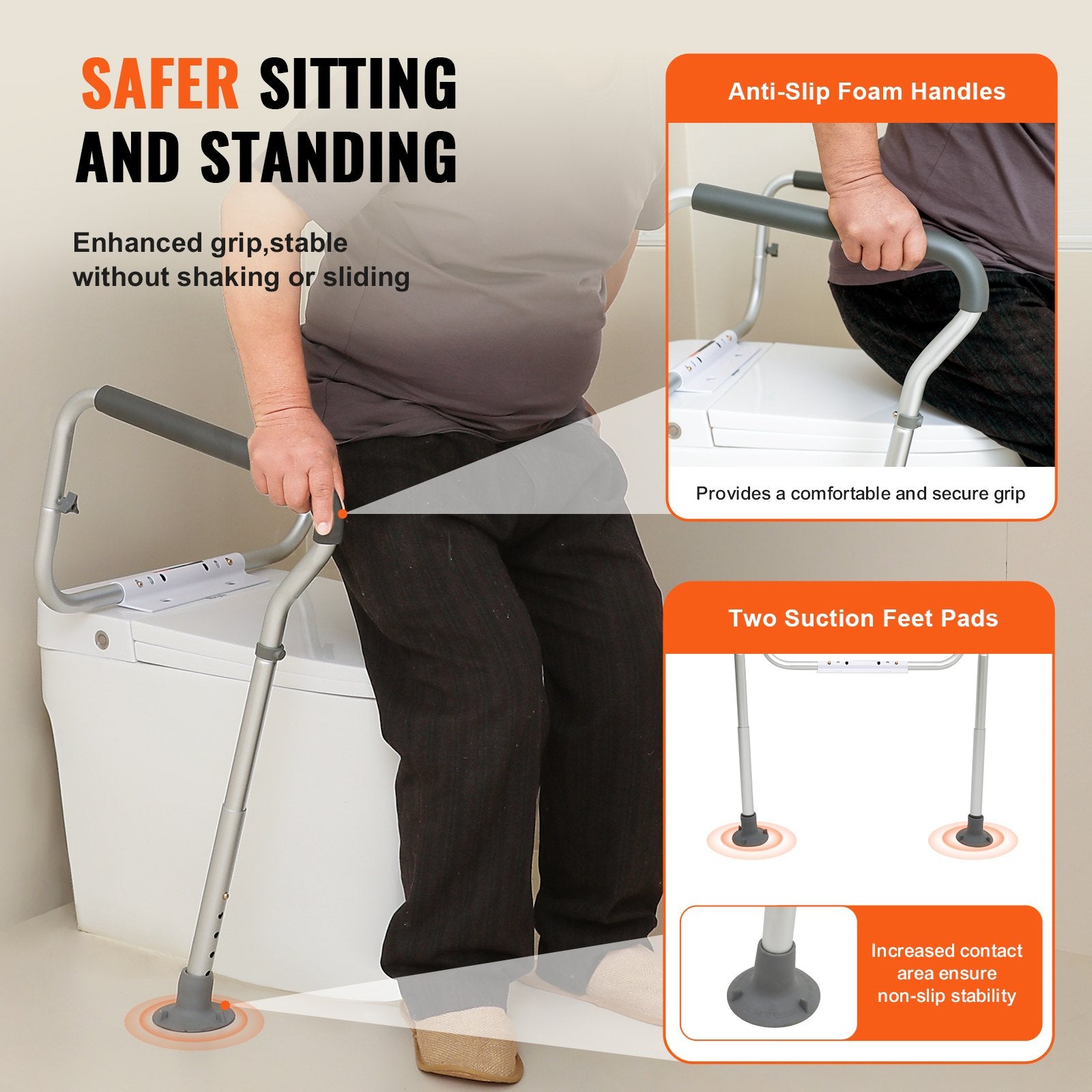 VEVOR Toilet Safety Rail, Bathroom Toilet Seat Frame, Adjustable Width & Height Fit Most Toilets, Supports 300lbs, Toilet Handles Grab Bars with Padded Armrests for Handicap, Disabled, Seniors 