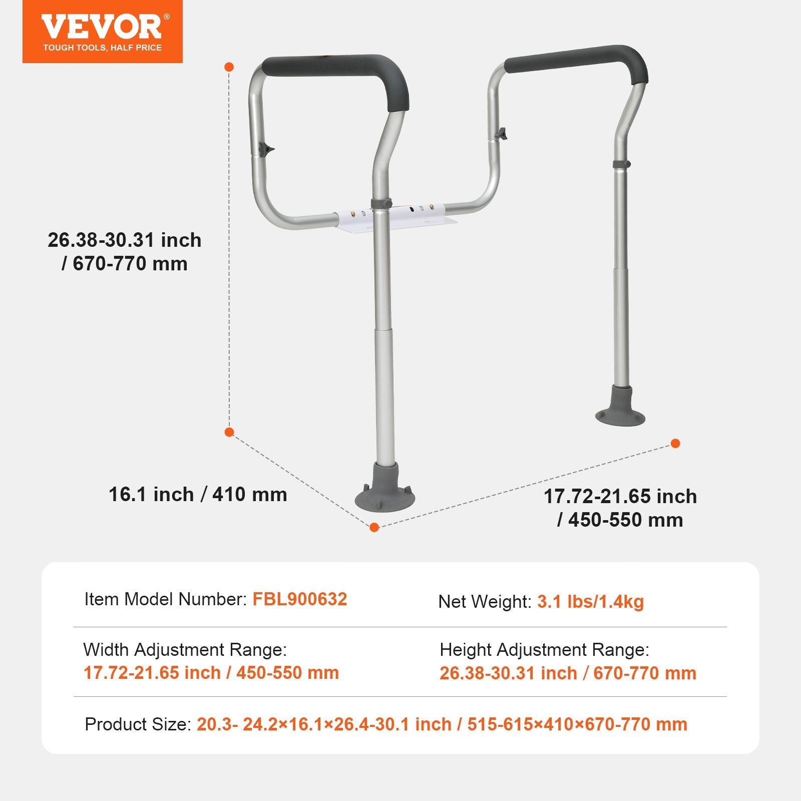 VEVOR Toilet Safety Rail, Bathroom Toilet Seat Frame, Adjustable Width & Height Fit Most Toilets, Supports 300lbs, Toilet Handles Grab Bars with Padded Armrests for Handicap, Disabled, Seniors 