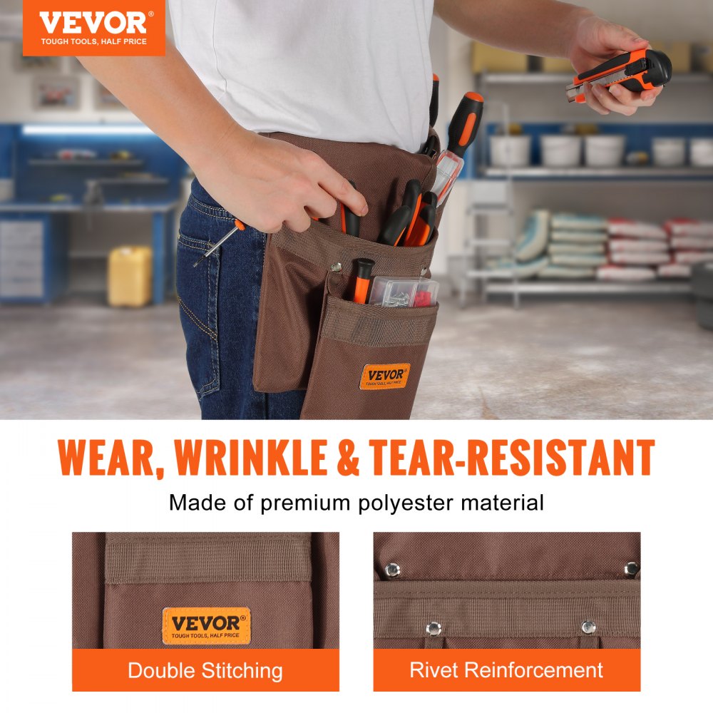 VEVOR Tool Belt, 13 Pockets, Adjusts from 29 Inches to 54 Inches, Polyester Heavy Duty Tool Pouch Bag, Detachable Tool Bag for Electrician, Carpenter, Handyman, Woodworker, Construction, Framer, Brown 