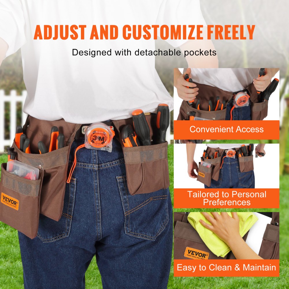 VEVOR Tool Belt, 13 Pockets, Adjusts from 29 Inches to 54 Inches, Polyester Heavy Duty Tool Pouch Bag, Detachable Tool Bag for Electrician, Carpenter, Handyman, Woodworker, Construction, Framer, Brown 