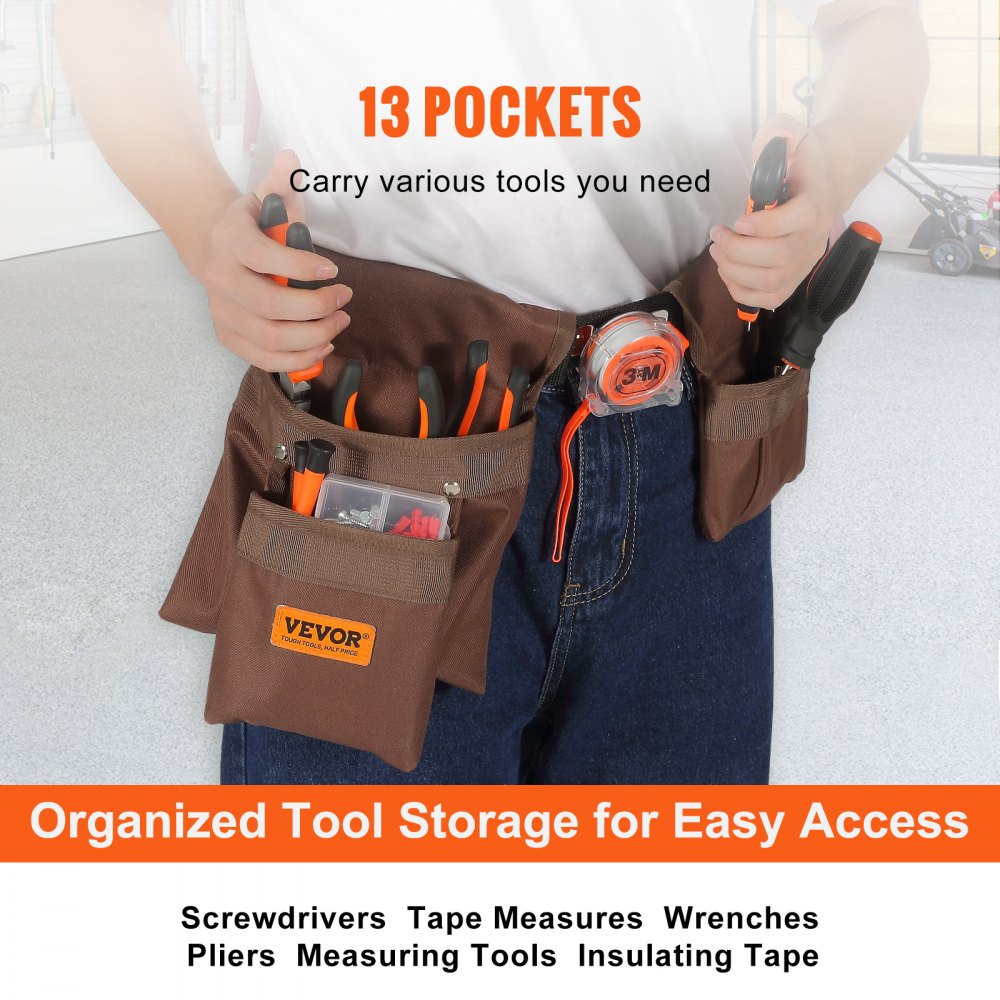 VEVOR Tool Belt, 13 Pockets, Adjusts from 29 Inches to 54 Inches, Polyester Heavy Duty Tool Pouch Bag, Detachable Tool Bag for Electrician, Carpenter, Handyman, Woodworker, Construction, Framer, Brown 