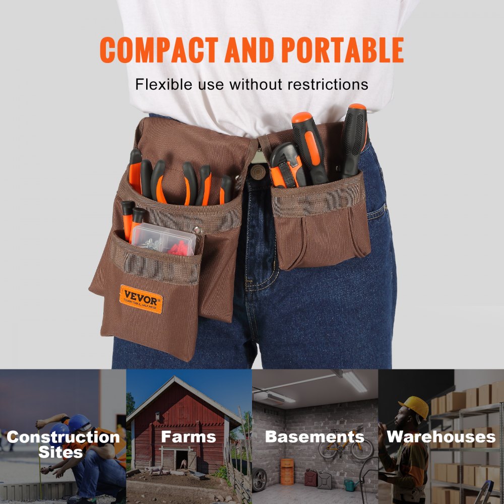 VEVOR Tool Belt, 13 Pockets, Adjusts from 29 Inches to 54 Inches, Polyester Heavy Duty Tool Pouch Bag, Detachable Tool Bag for Electrician, Carpenter, Handyman, Woodworker, Construction, Framer, Brown 