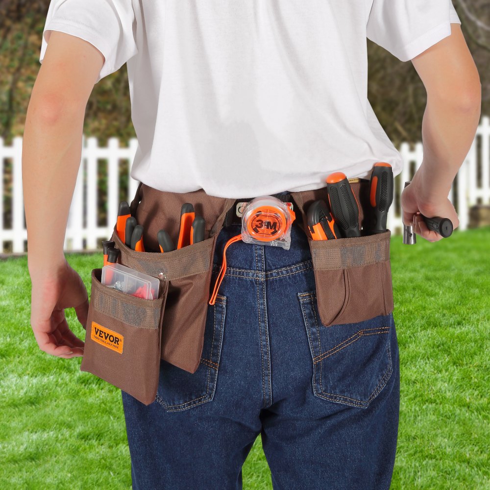 VEVOR Tool Belt, 13 Pockets, Adjusts from 29 Inches to 54 Inches, Polyester Heavy Duty Tool Pouch Bag, Detachable Tool Bag for Electrician, Carpenter, Handyman, Woodworker, Construction, Framer, Brown 