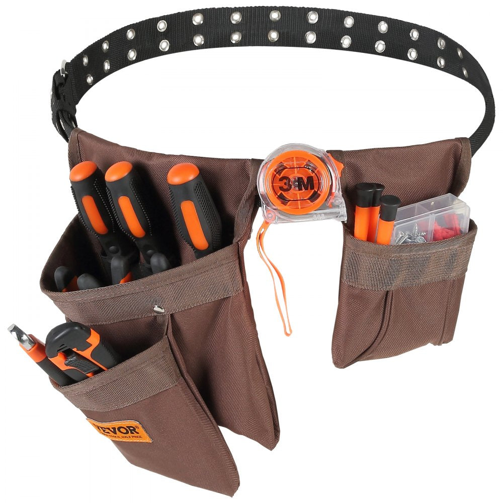 VEVOR Tool Belt, 13 Pockets, Adjusts from 29 Inches to 54 Inches, Polyester Heavy Duty Tool Pouch Bag, Detachable Tool Bag for Electrician, Carpenter, Handyman, Woodworker, Construction, Framer, Brown 