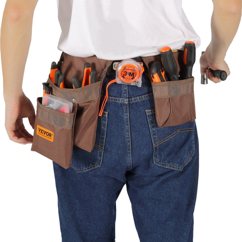 VEVOR Tool Belt, 13 Pockets, Adjusts from 29 Inches to 54 Inches, Polyester Heavy Duty Tool Pouch Bag, Detachable Tool Bag for Electrician, Carpenter, Handyman, Woodworker, Construction, Framer, Brown 