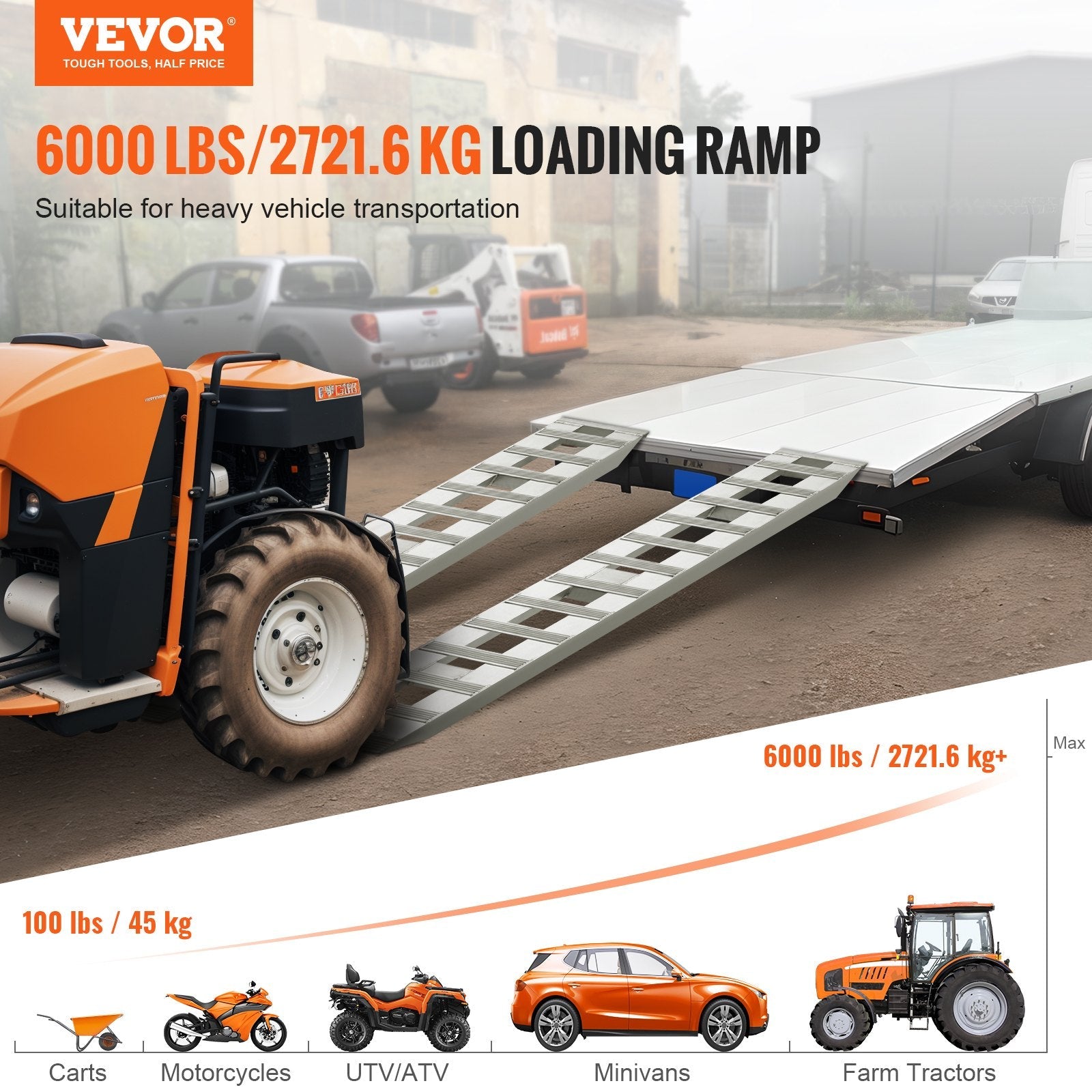 VEVOR 72" x 15" Aluminum Ramps 6000 LBS Capacity Loading Ramps 2PCS 