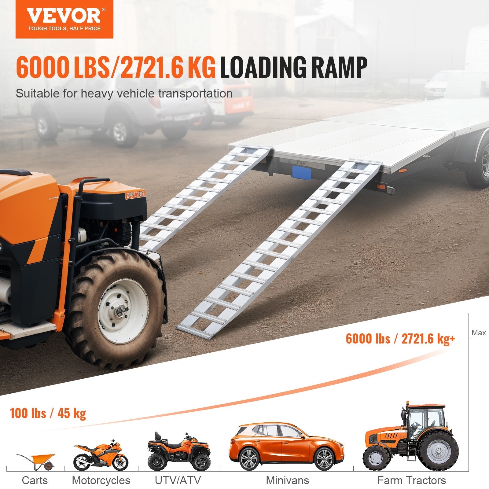 VEVOR 94" x 15" Aluminum Ramps 6000 LBS Capacity Loading Ramps 2PCS 
