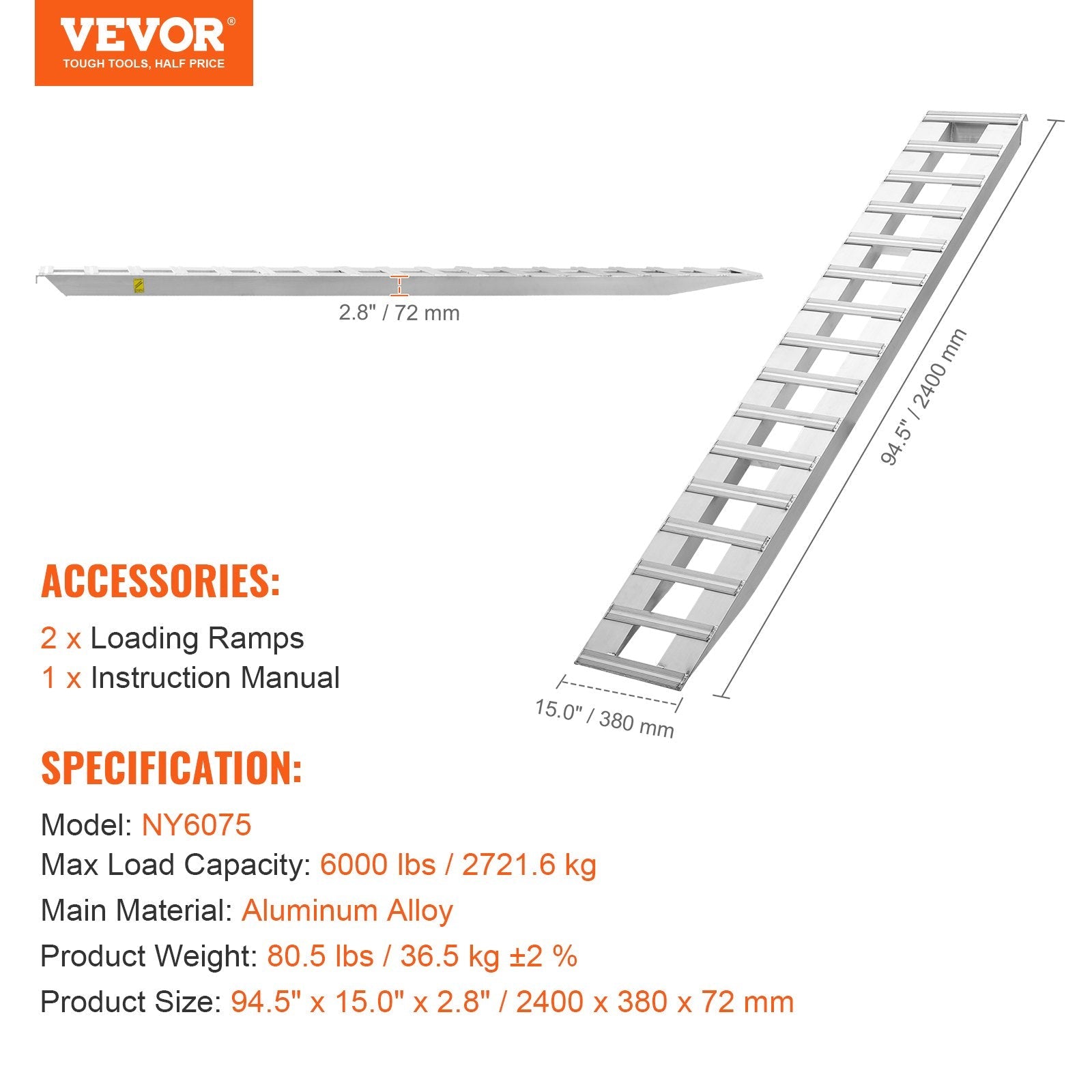VEVOR 94" x 15" Aluminum Ramps 6000 LBS Capacity Loading Ramps 2PCS 