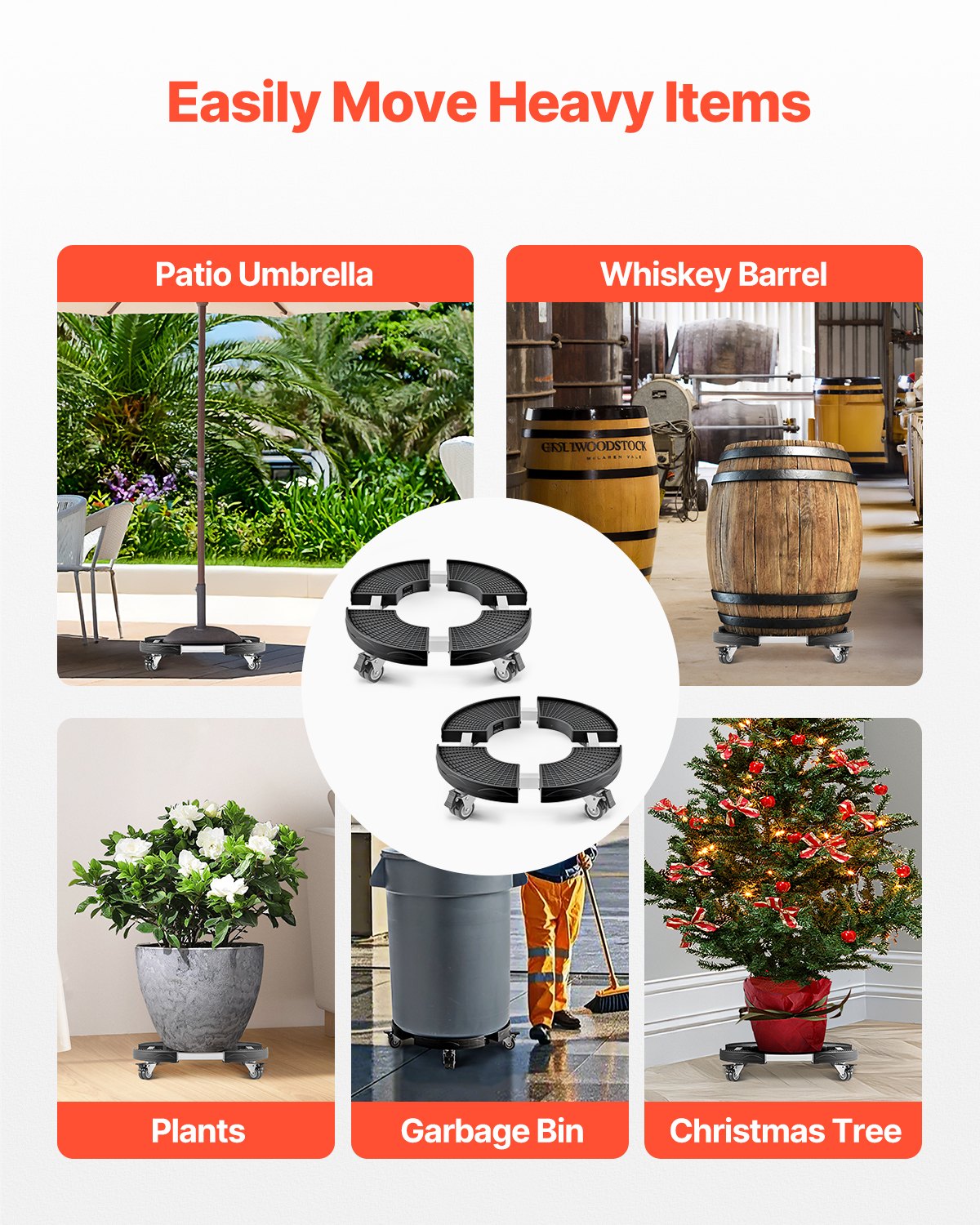 VEVOR 2 Packs Round Trash Can Dolly 15-22.8 in Adjustable Plastic Bin Dolly 