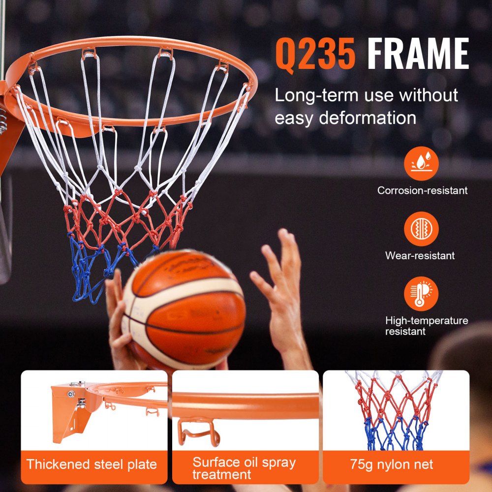 VEVOR Basketball Rim, Wall Door Mounted Basketball Hoop, Heavy Duty Q235 Basketball Flex Rim Goal Replacement with Net, Standard 18" Indoor and Outdoor Hanging Basketball Hoop for Kids Adults 