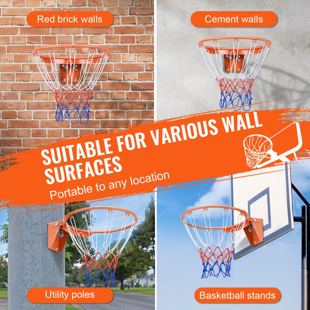 VEVOR Basketball Rim, Wall Door Mounted Basketball Hoop, Heavy Duty Q235 Basketball Flex Rim Goal Replacement with Net, Standard 18" Indoor and Outdoor Hanging Basketball Hoop for Kids Adults 