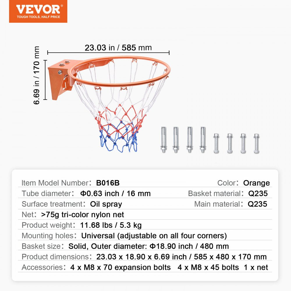 VEVOR Basketball Rim, Wall Door Mounted Basketball Hoop, Heavy Duty Q235 Basketball Flex Rim Goal Replacement with Net, Standard 18" Indoor and Outdoor Hanging Basketball Hoop for Kids Adults 