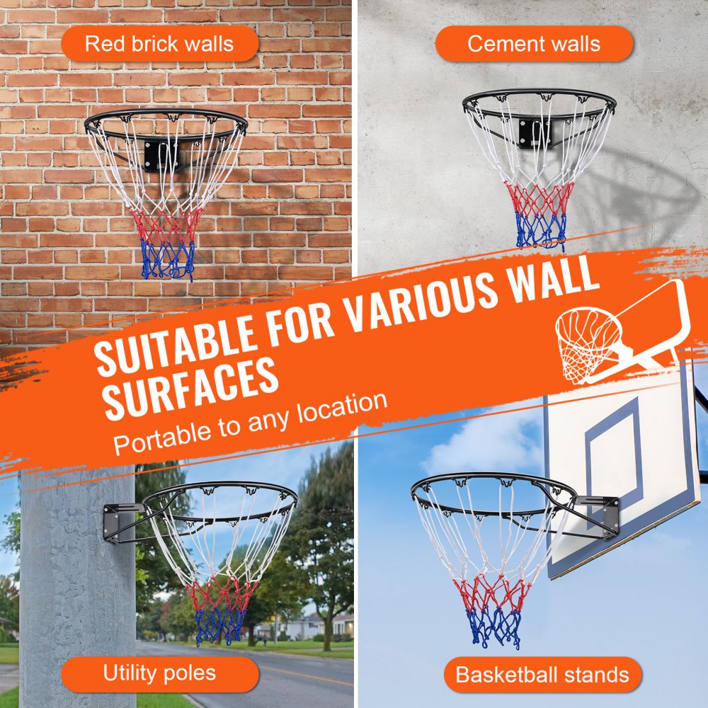 VEVOR Basketball Rim, Wall Door Mounted Basketball Hoop, Heavy Duty Q235 Basketball Flex Rim Goal Replacement with Net and Double Spring, Standard 18" Indoor Outdoor Hanging Hoop for Kids Adults 