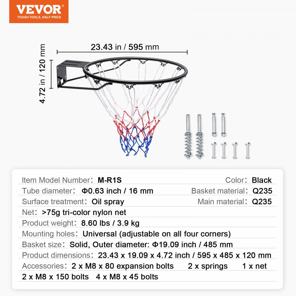 VEVOR Basketball Rim, Wall Door Mounted Basketball Hoop, Heavy Duty Q235 Basketball Flex Rim Goal Replacement with Net and Double Spring, Standard 18" Indoor Outdoor Hanging Hoop for Kids Adults 
