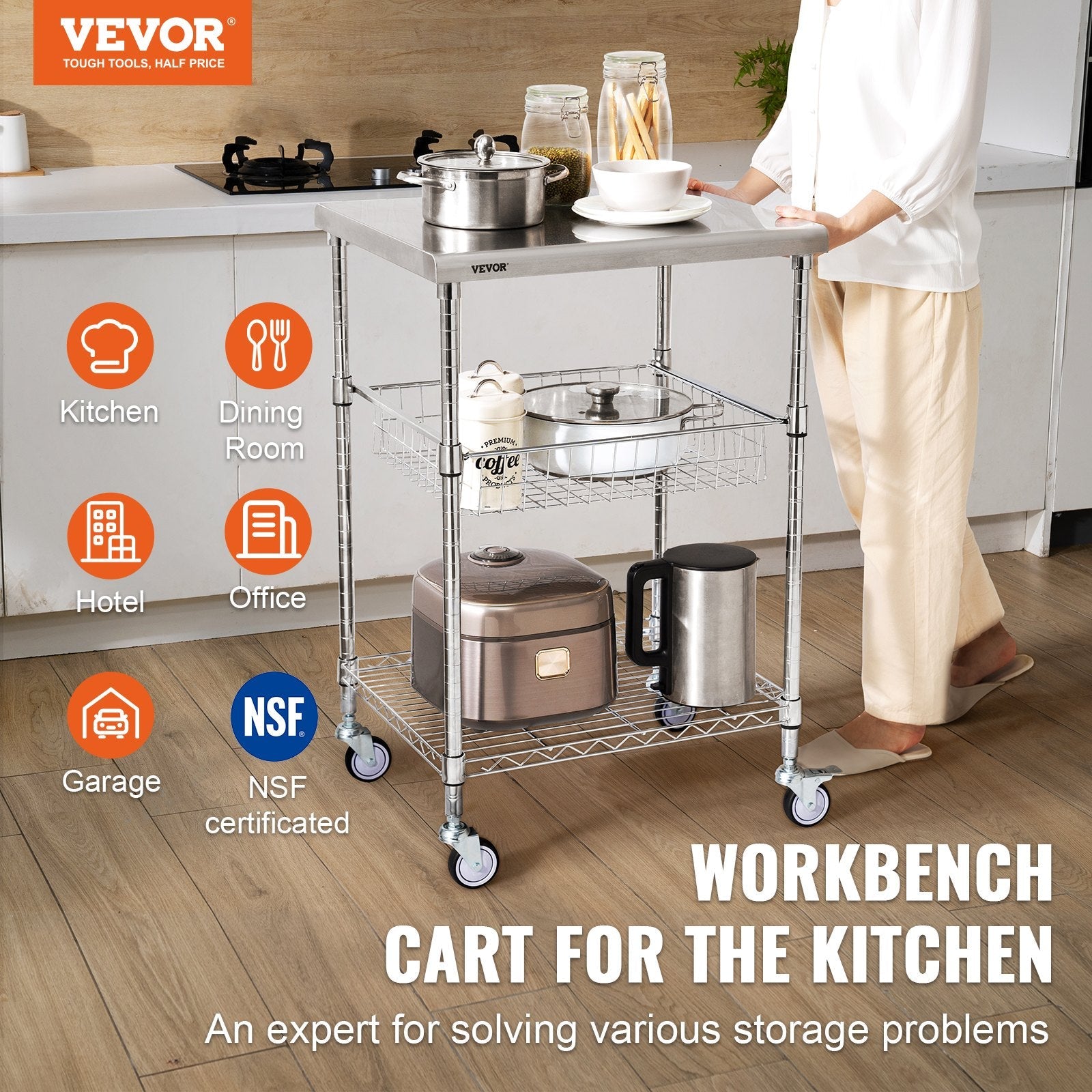 VEVOR Kitchen Utility Cart, 3 Tiers, Wire Rolling Cart with 470LBS Capacity, Steel Service Cart on Wheels, Metal Storage Trolley with 76mm Basket Curved Handle PP Liner 6 Hooks, for Indoor and Outdoor 