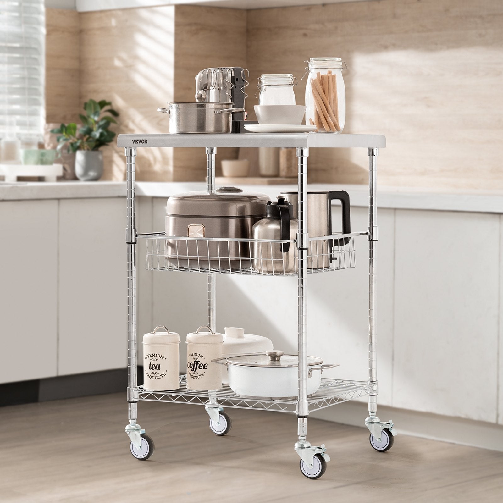 VEVOR Kitchen Utility Cart, 3 Tiers, Wire Rolling Cart with 470LBS Capacity, Steel Service Cart on Wheels, Metal Storage Trolley with 76mm Basket Curved Handle PP Liner 6 Hooks, for Indoor and Outdoor 