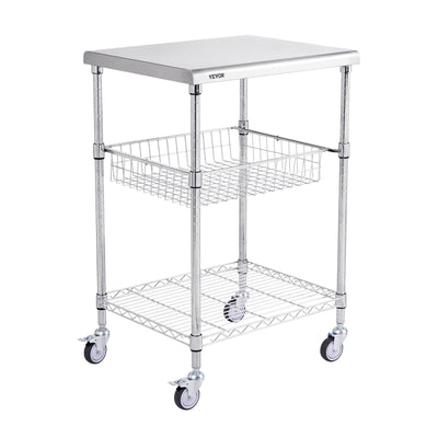 VEVOR Kitchen Utility Cart, 3 Tiers, Wire Rolling Cart with 470LBS Capacity, Steel Service Cart on Wheels, Metal Storage Trolley with 76mm Basket Curved Handle PP Liner 6 Hooks, for Indoor and Outdoor 