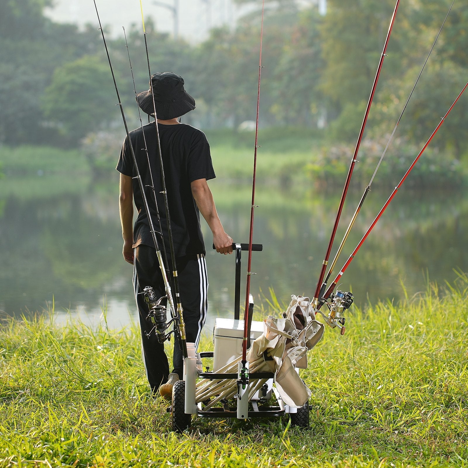 VEVOR Beach Fishing Cart, 200 lbs Load Capacity, Fish and Marine Cart with Two 11" Big Wheels Rubber Balloon Tires for Sand, Heavy-Duty Steel Pier Wagon Trolley with 7 Rod Holders for Fishing, Picnic 