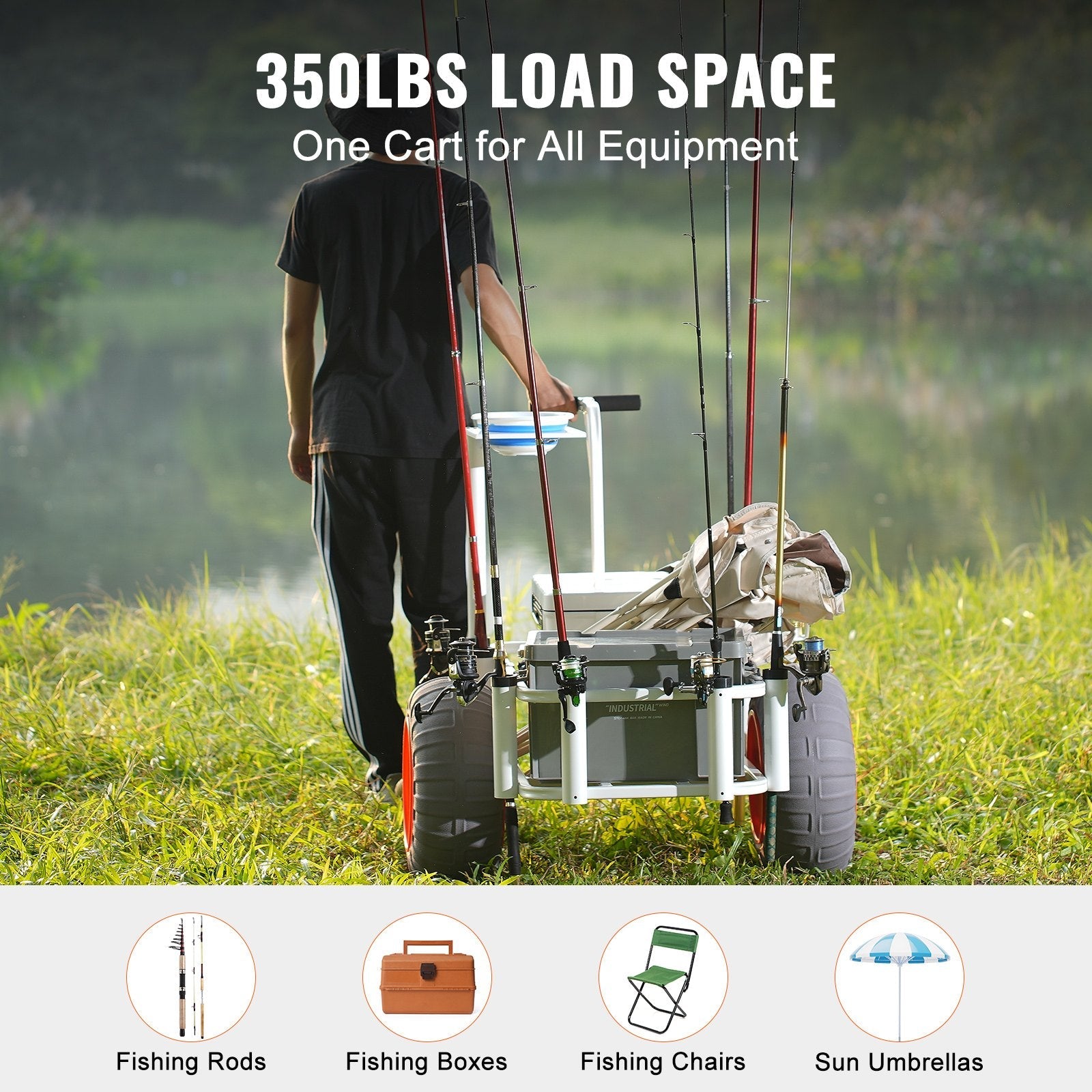 VEVOR Beach Fishing Cart, 350 lbs Load Capacity, Fish and Marine Cart with Two 16" Big Wheels PU Balloon Tires for Sand, Heavy-Duty Aluminum Pier Wagon Trolley with 8 Rod Holders for Fishing, Picnic 