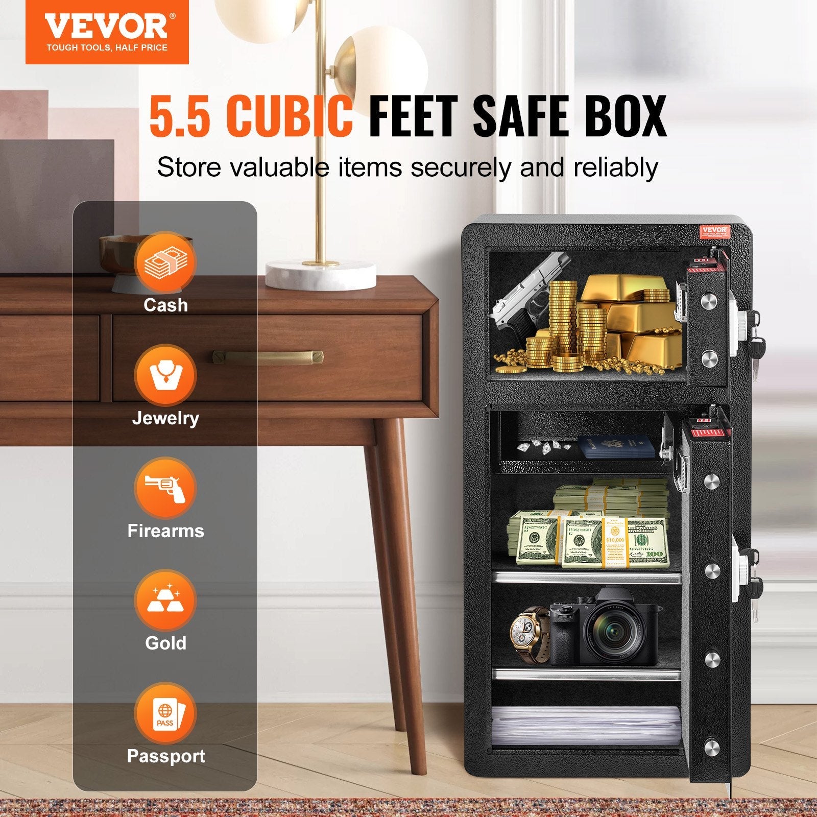 VEVOR Double Door 5.5 cu.ft Safe Box with Key Lock Password Cabinet Black 