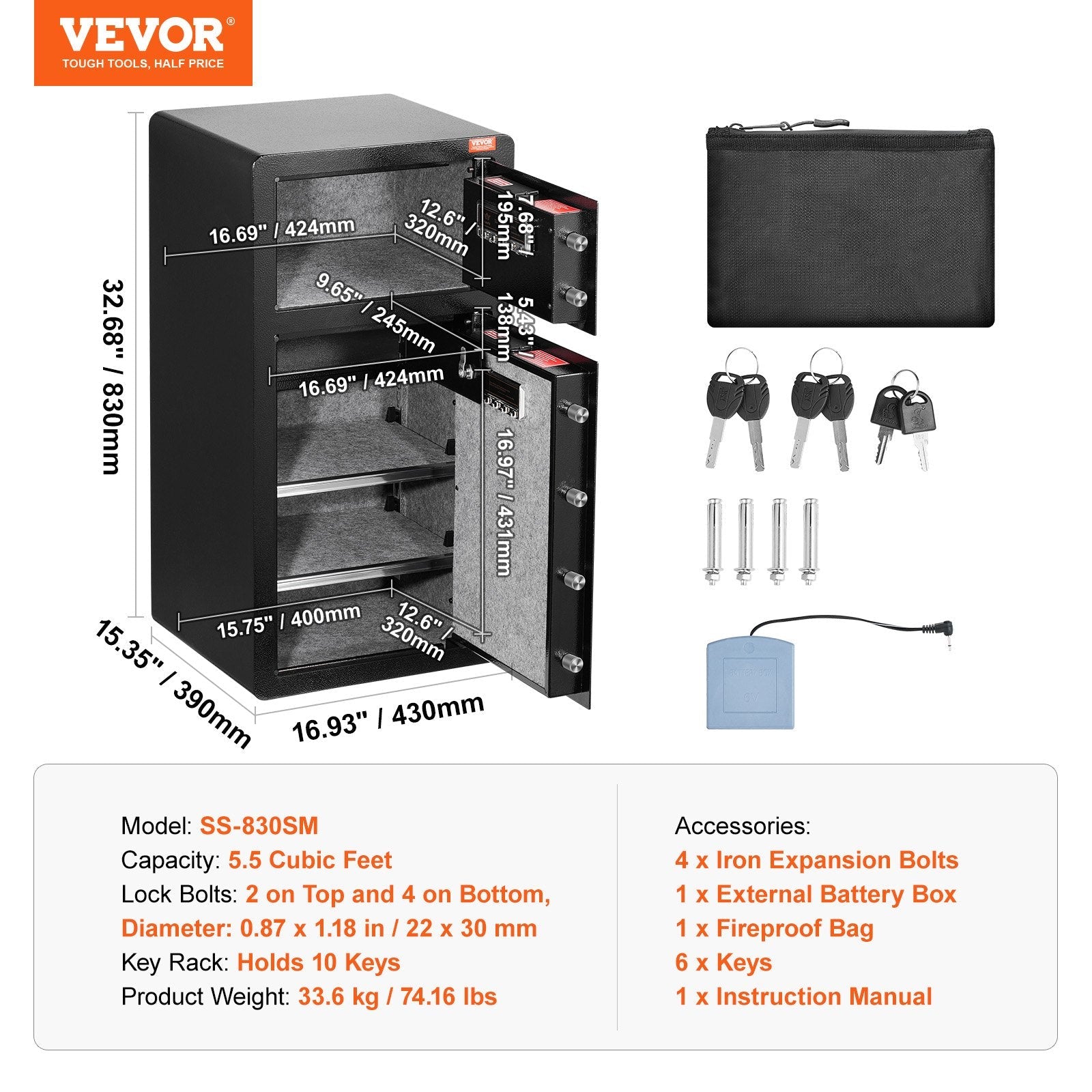 VEVOR Double Door 5.5 cu.ft Safe Box with Key Lock Password Cabinet Black 