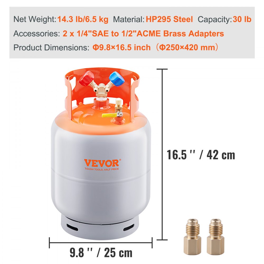 VEVOR Refrigerant Recovery Reclaim 30lb Cylinder Tank 400 PSI Liquid Rated Y Valve 