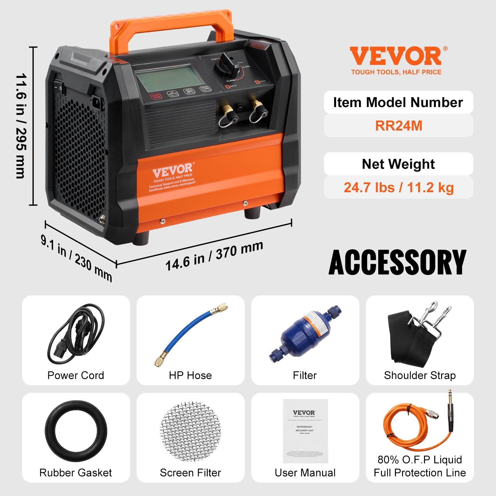 VEVOR Refrigerant Recovery Machine 1 HP Dual Cylinder Brushless Portable AC 