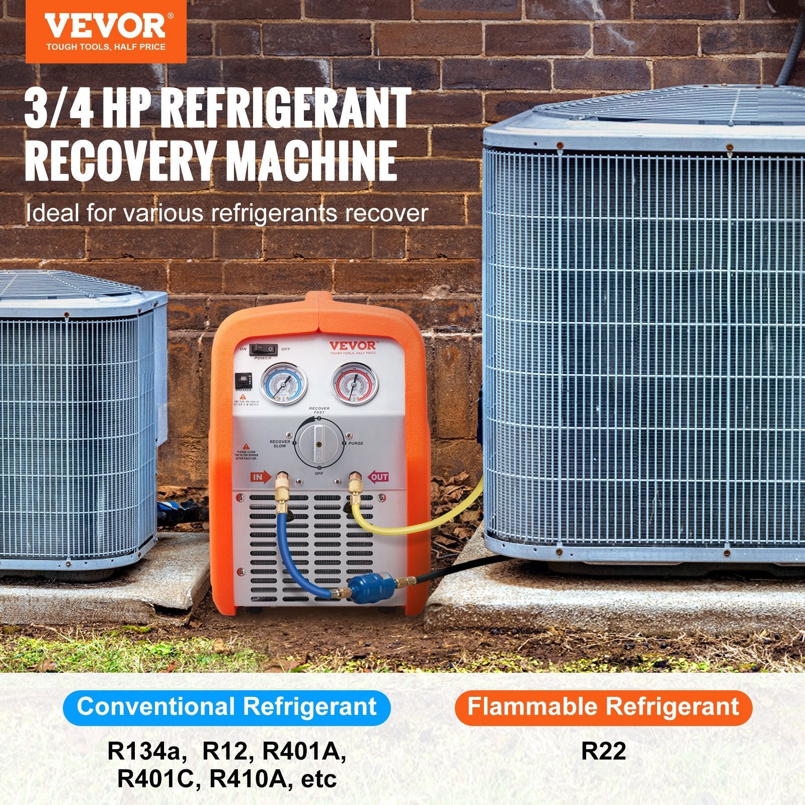 VEVOR Portable 3/4 HP Refrigerant Recovery Machine - AC Recovery Machine with High Pressure Protection 120V 60Hz Recovery Machine HVAC for Vapor Liquid Refrigerant, Car Air Conditioning 