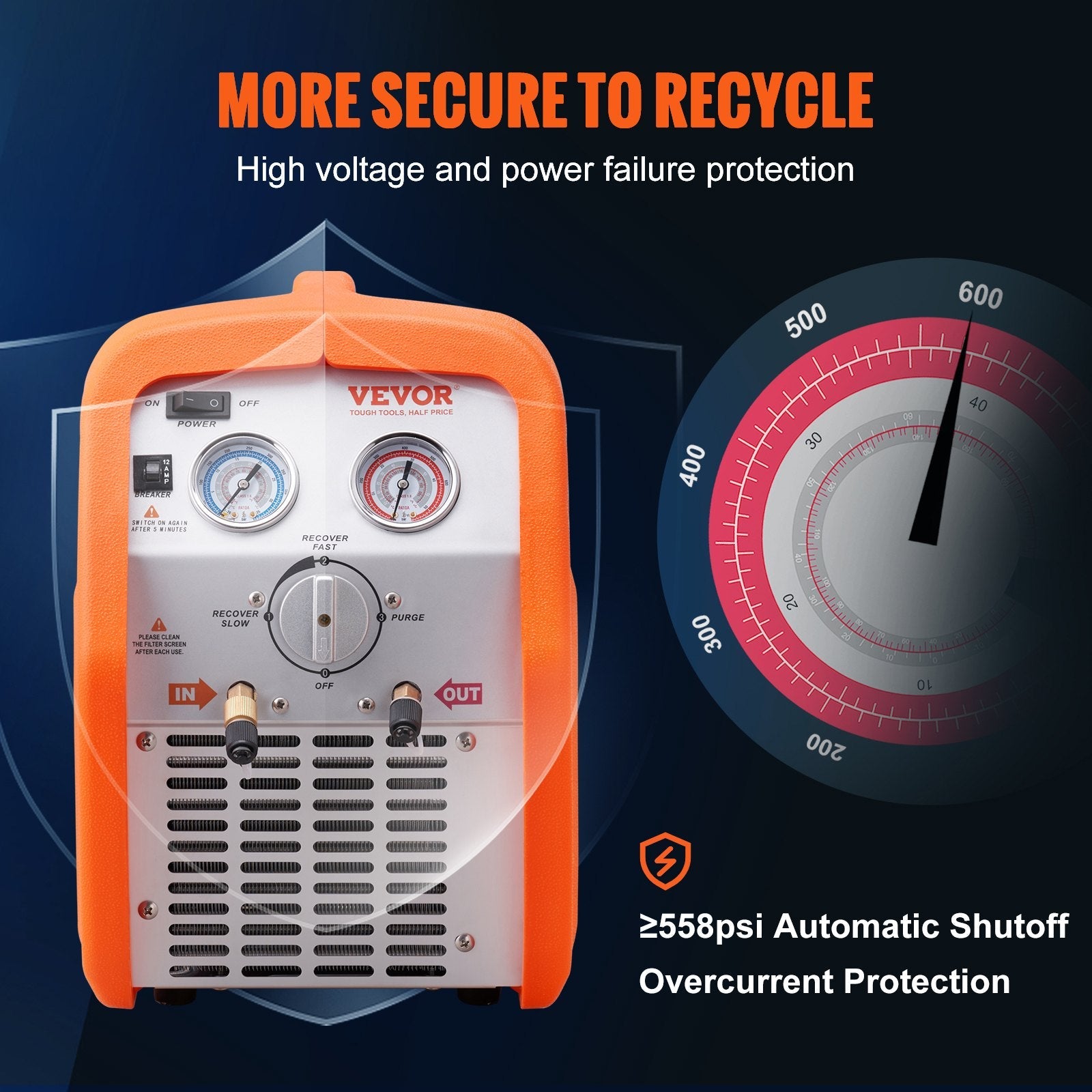 VEVOR Portable 3/4 HP Refrigerant Recovery Machine - AC Recovery Machine with High Pressure Protection 120V 60Hz Recovery Machine HVAC for Vapor Liquid Refrigerant, Car Air Conditioning 