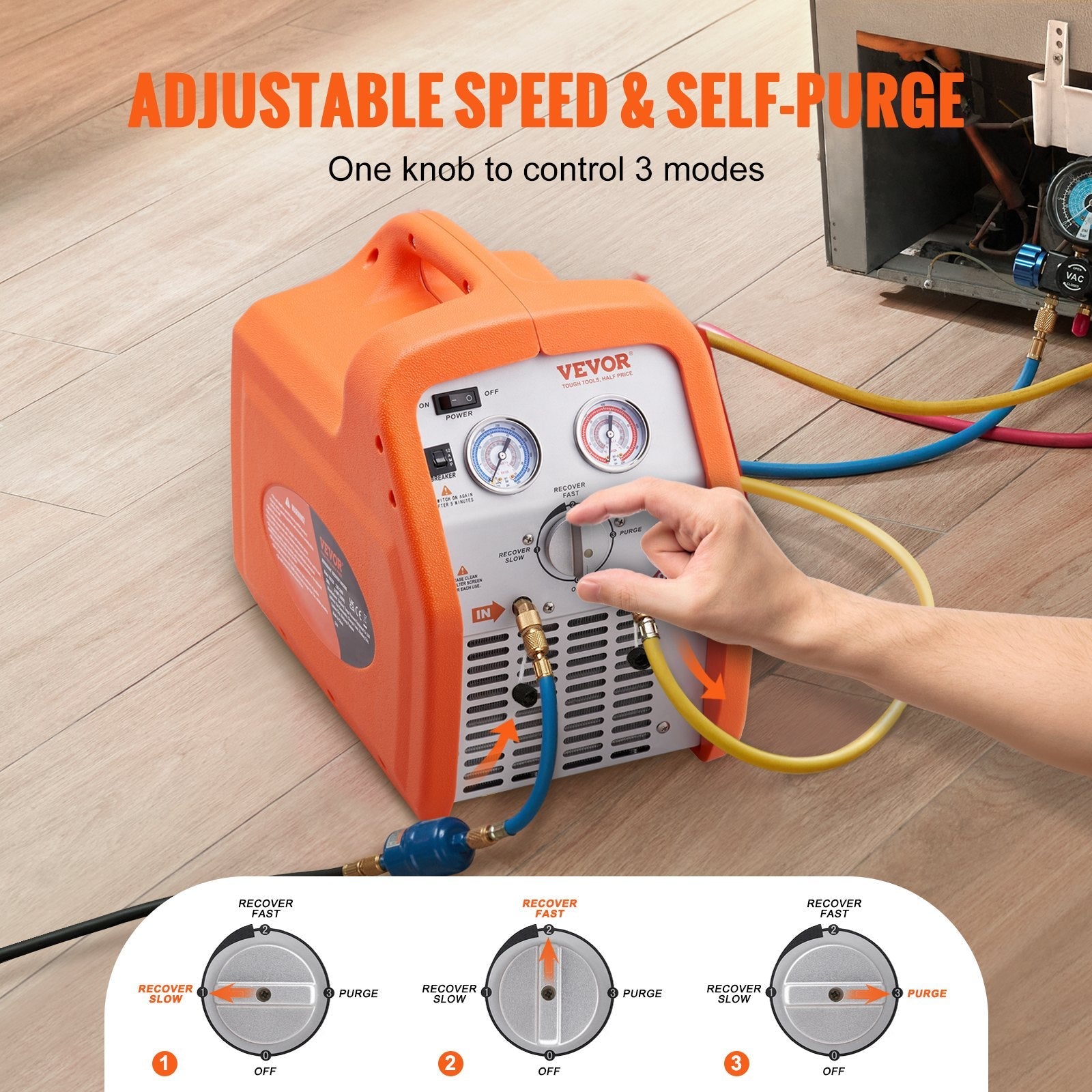 VEVOR Portable 3/4 HP Refrigerant Recovery Machine - AC Recovery Machine with High Pressure Protection 120V 60Hz Recovery Machine HVAC for Vapor Liquid Refrigerant, Car Air Conditioning 