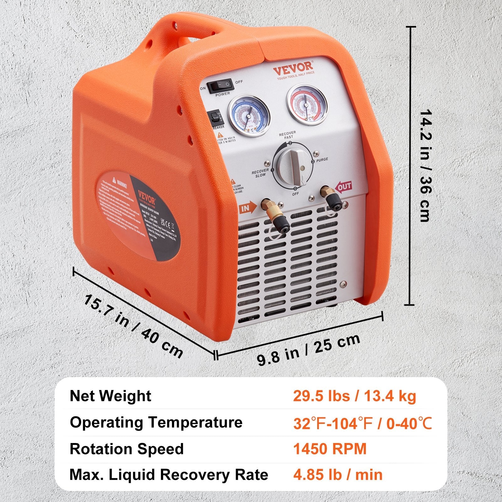 VEVOR Portable 3/4 HP Refrigerant Recovery Machine - AC Recovery Machine with High Pressure Protection 120V 60Hz Recovery Machine HVAC for Vapor Liquid Refrigerant, Car Air Conditioning 
