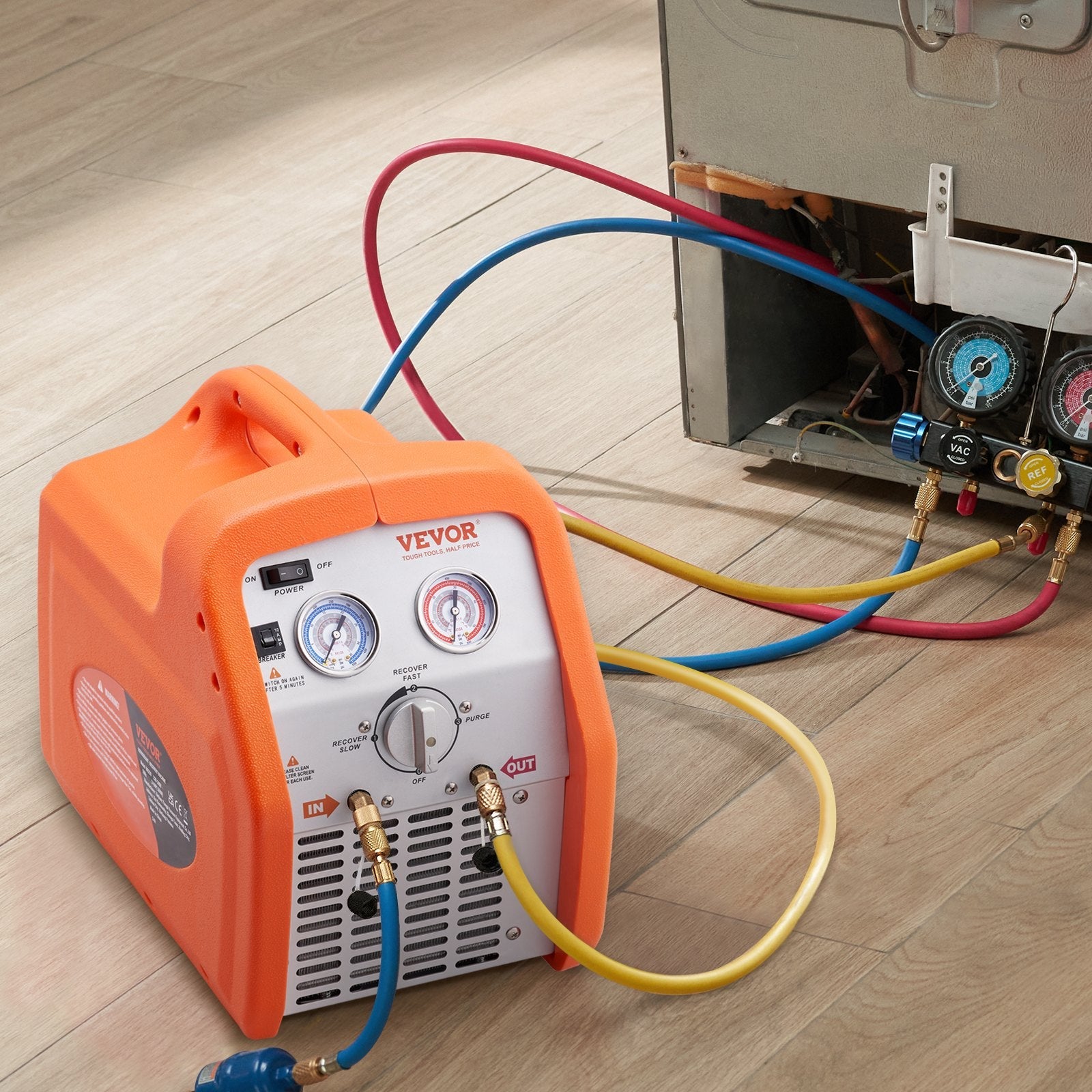 VEVOR Portable 3/4 HP Refrigerant Recovery Machine - AC Recovery Machine with High Pressure Protection 120V 60Hz Recovery Machine HVAC for Vapor Liquid Refrigerant, Car Air Conditioning 