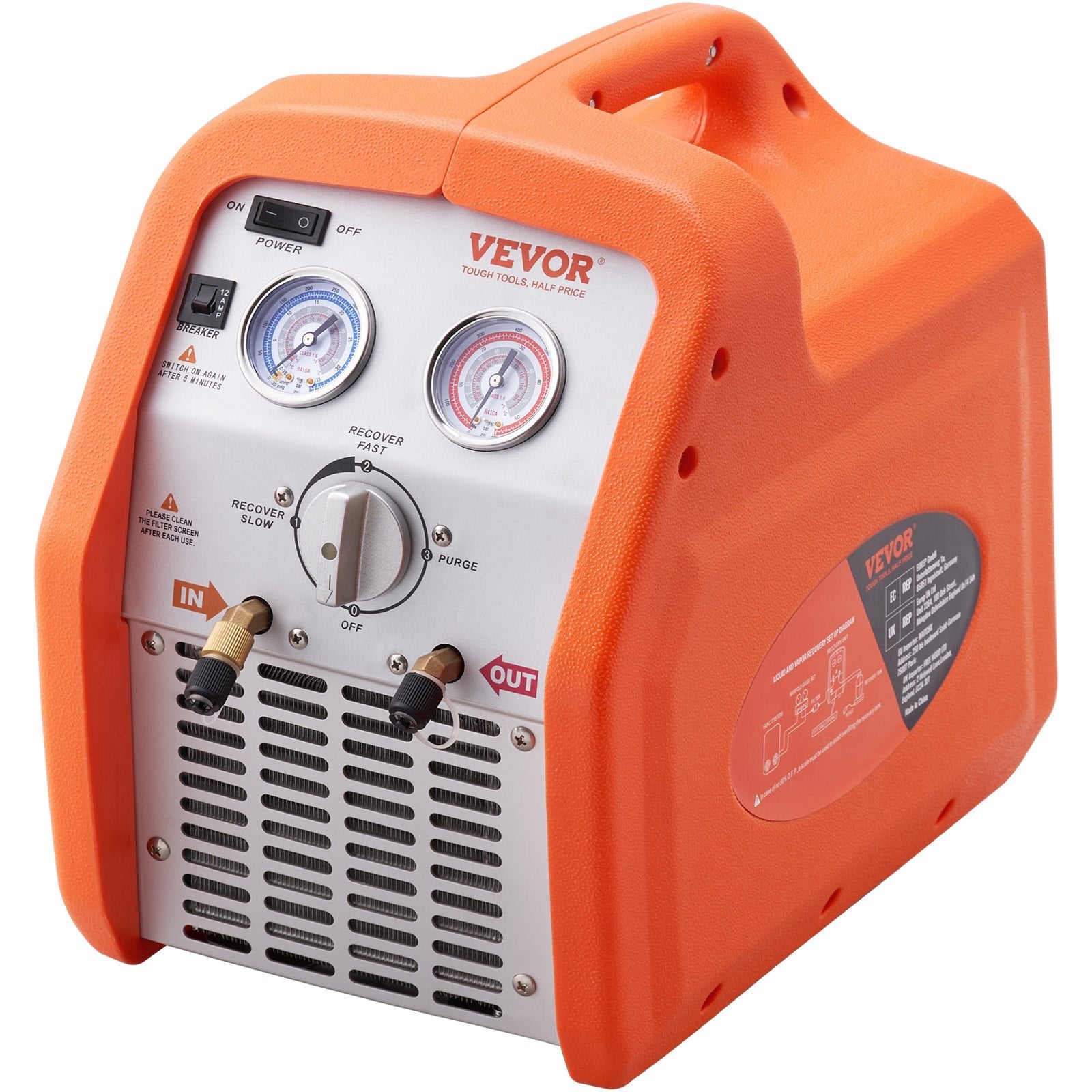 VEVOR Portable 3/4 HP Refrigerant Recovery Machine - AC Recovery Machine with High Pressure Protection 120V 60Hz Recovery Machine HVAC for Vapor Liquid Refrigerant, Car Air Conditioning 