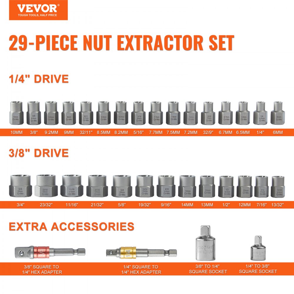VEVOR Bolt Extractor Set, 29-Piece Bolt and Nut Remover Set, 6mm to 10mm, 13/32" to 3/4", CR-MO Steel Extraction Socket Set with Storage Case, for Removing Damaged Rusted Bolts, Nuts and Screws 