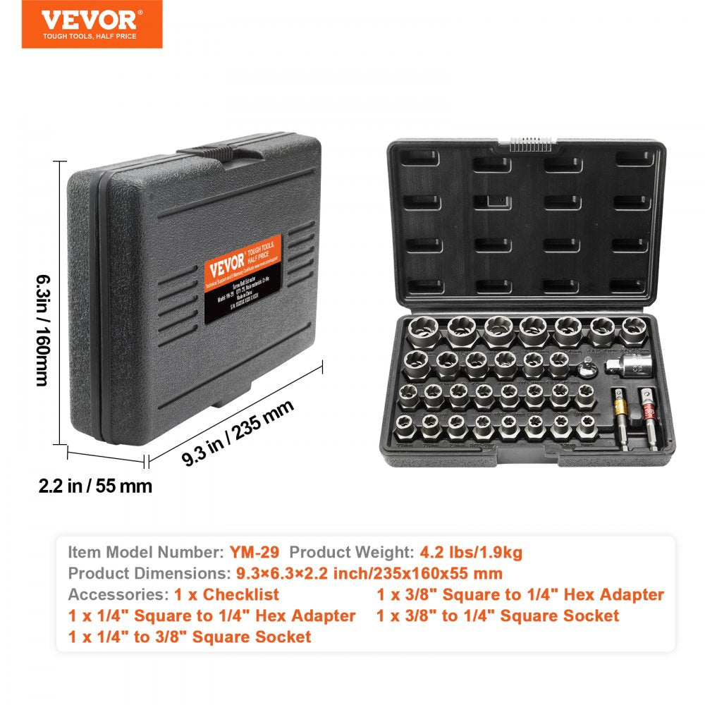 VEVOR Bolt Extractor Set, 29-Piece Bolt and Nut Remover Set, 6mm to 10mm, 13/32" to 3/4", CR-MO Steel Extraction Socket Set with Storage Case, for Removing Damaged Rusted Bolts, Nuts and Screws 