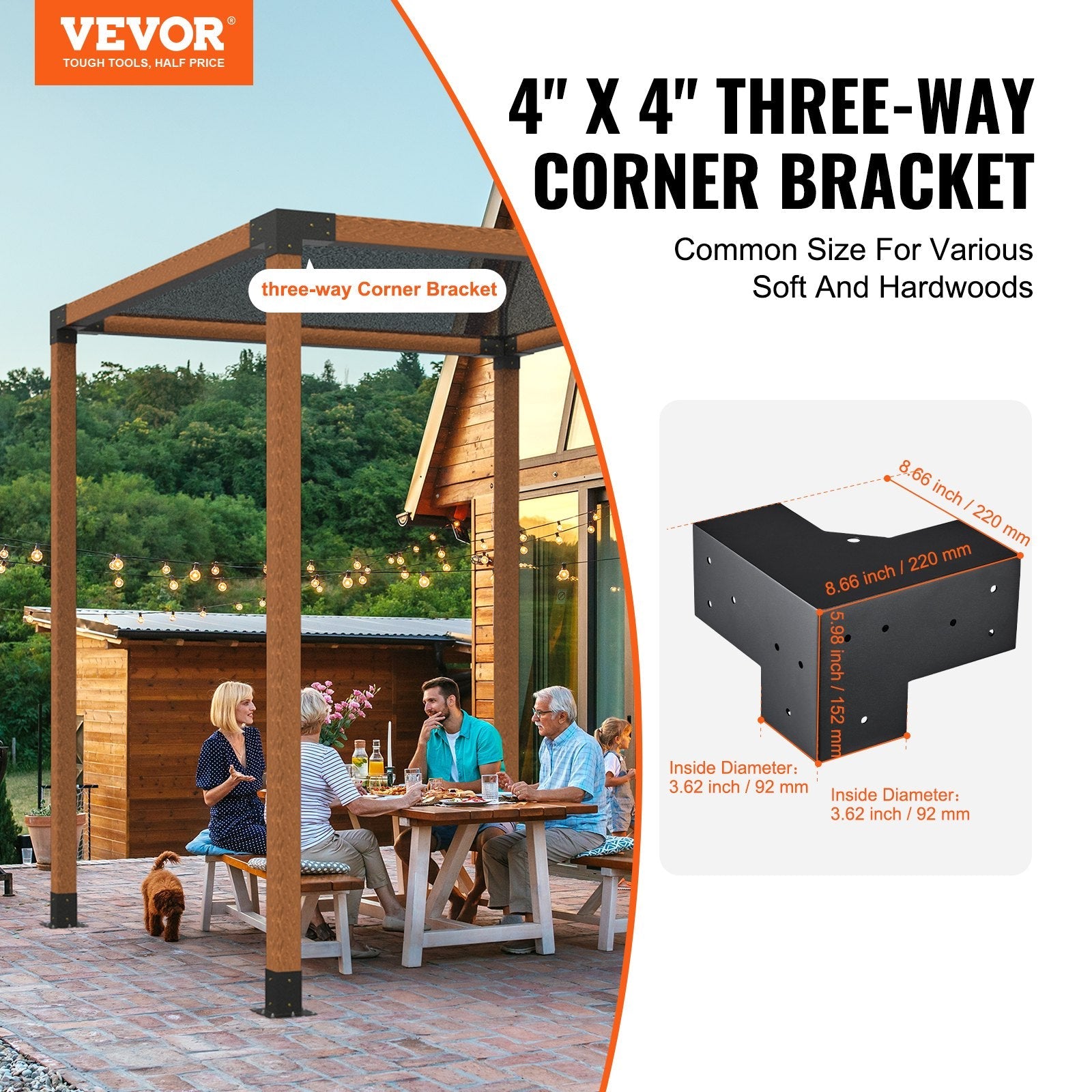 VEVOR Pergola Bracket Kit 4''x4'', 4pcs 3-Way Heavy Duty Corner Bracket Woodworks DIY Post Base Kit, Easy Installation Wooden Beams for Gazebos, Patio Pergolas, Log Cabin Outdoor Pergola Hardware 