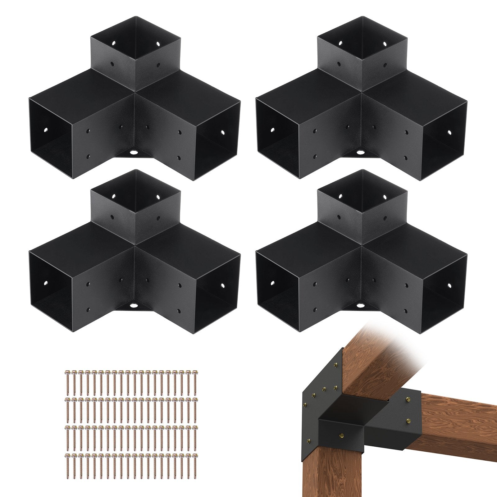 VEVOR Pergola Bracket Kit 4''x4'', 4pcs 3-Way Heavy Duty Corner Bracket Woodworks DIY Post Base Kit, Easy Installation Wooden Beams for Gazebos, Patio Pergolas, Log Cabin Outdoor Pergola Hardware 