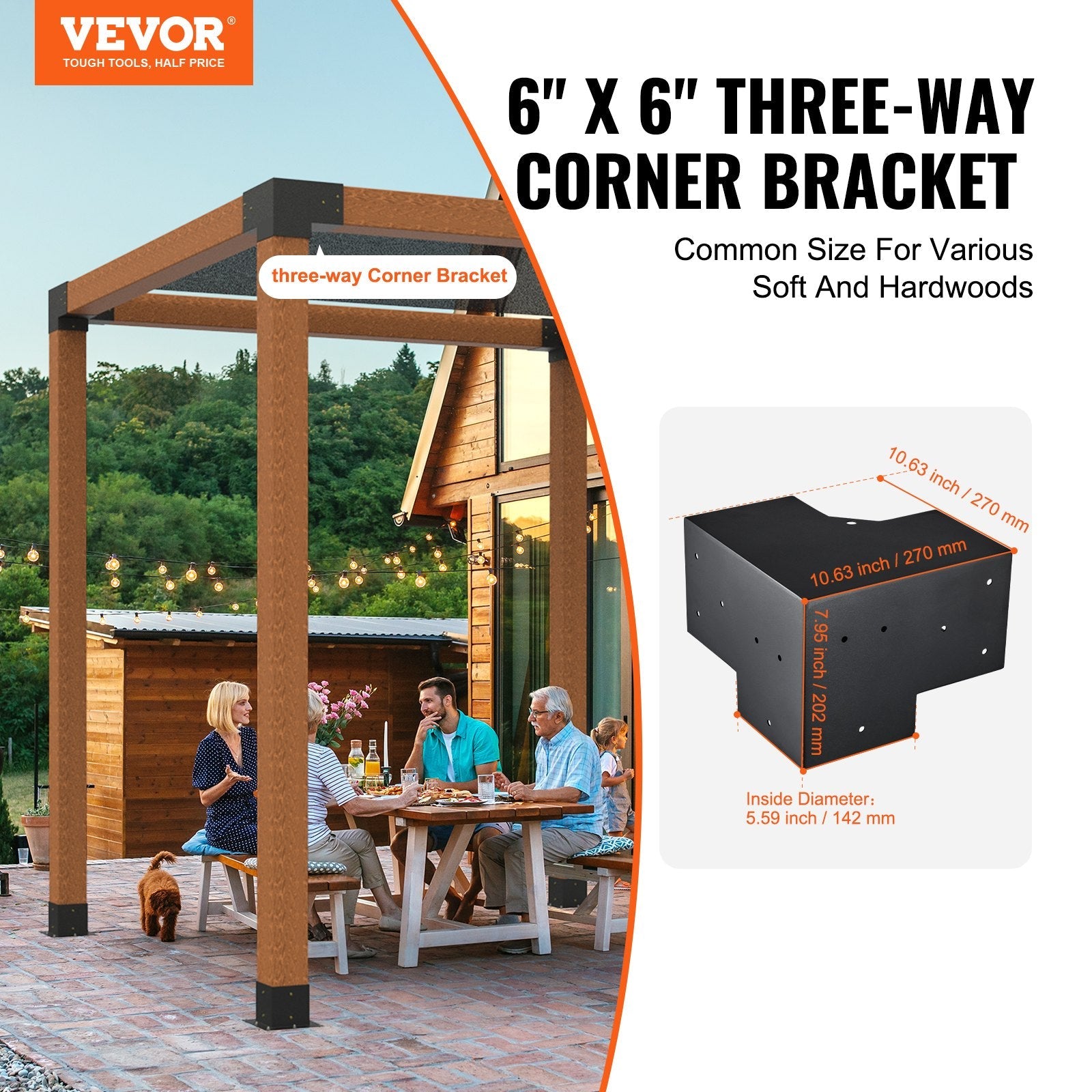 VEVOR Pergola Bracket Kit 6''x6'', 4pcs 3-Way Heavy Duty Corner Bracket Woodworks DIY Post Base Kit, Easy Installation Wooden Beams for Gazebos, Patio Pergolas, Log Cabin Outdoor Pergola Hardware 