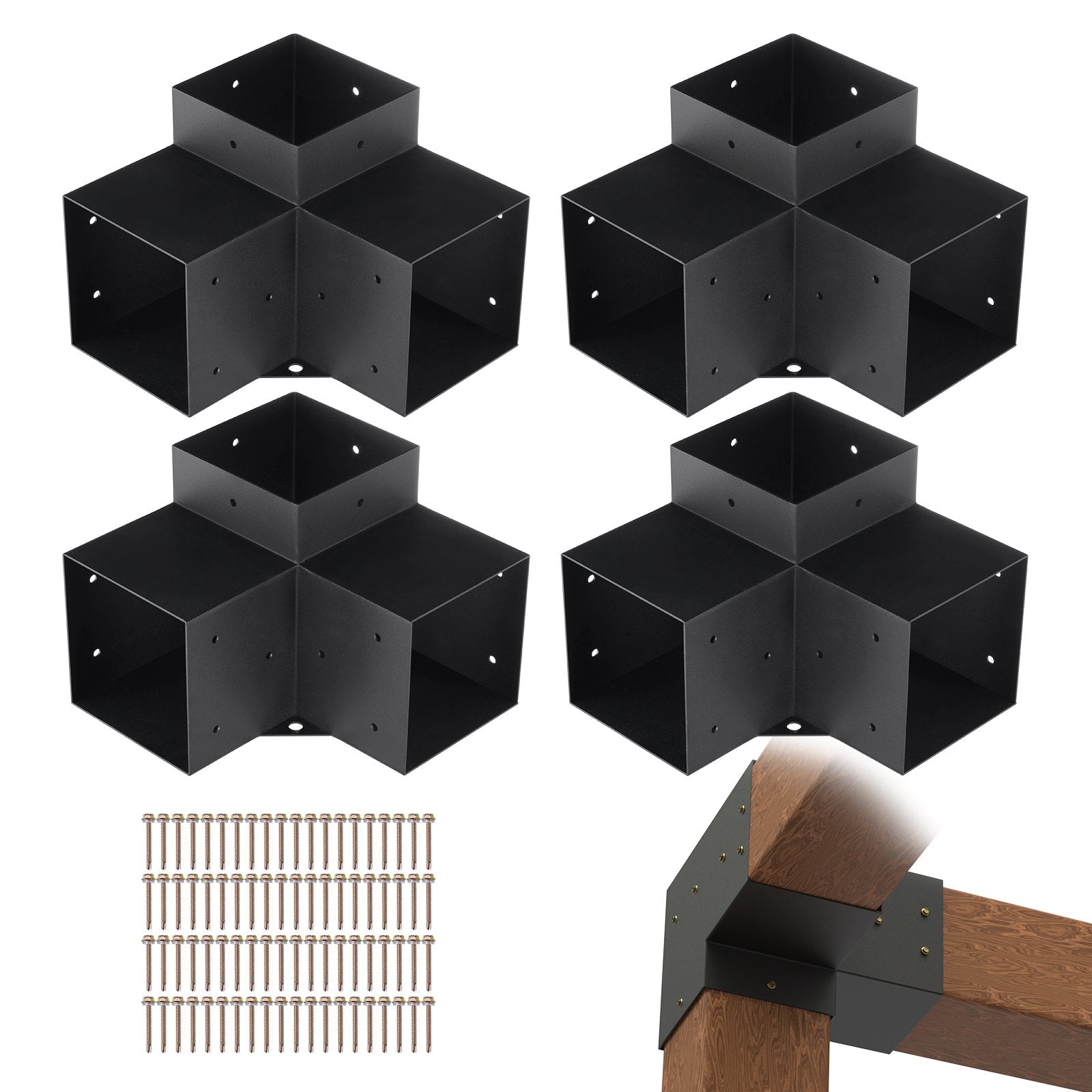 VEVOR Pergola Bracket Kit 6''x6'', 4pcs 3-Way Heavy Duty Corner Bracket Woodworks DIY Post Base Kit, Easy Installation Wooden Beams for Gazebos, Patio Pergolas, Log Cabin Outdoor Pergola Hardware 