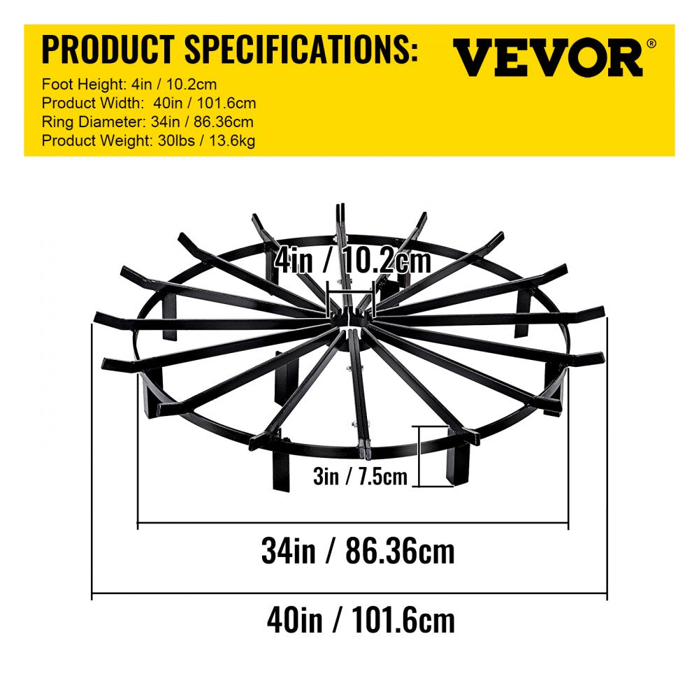 VEVOR 40in Fire Grate Log Grate ,Wagon Wheel Firewood Grates 16 Iron Bars, Fireplace Grates Burning Rack Holder 12 Legs for Indoor Chimney, Hearth Wood Stove and Outdoor Camping Fire Pit 