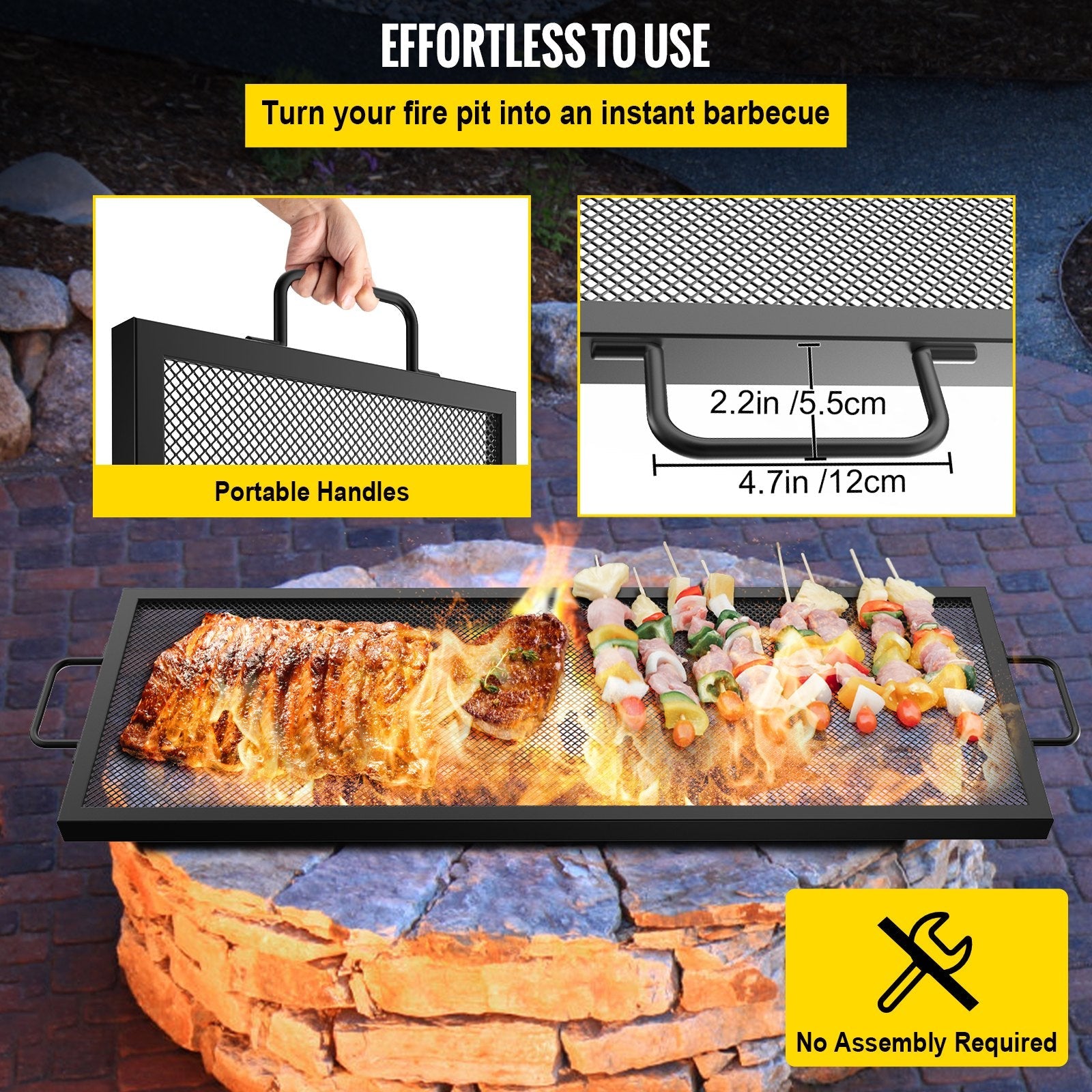 VEVOR Rectangle Fire Pit Grate, 40 x 15 inch Fire Pit Grill Grate, X-Marks Rectangle Grill Grate, Black Steel Fire Grate, Fire Pit Cooking Grate with Handles, Fire Grill Grate for Fire Pit, Campfire 