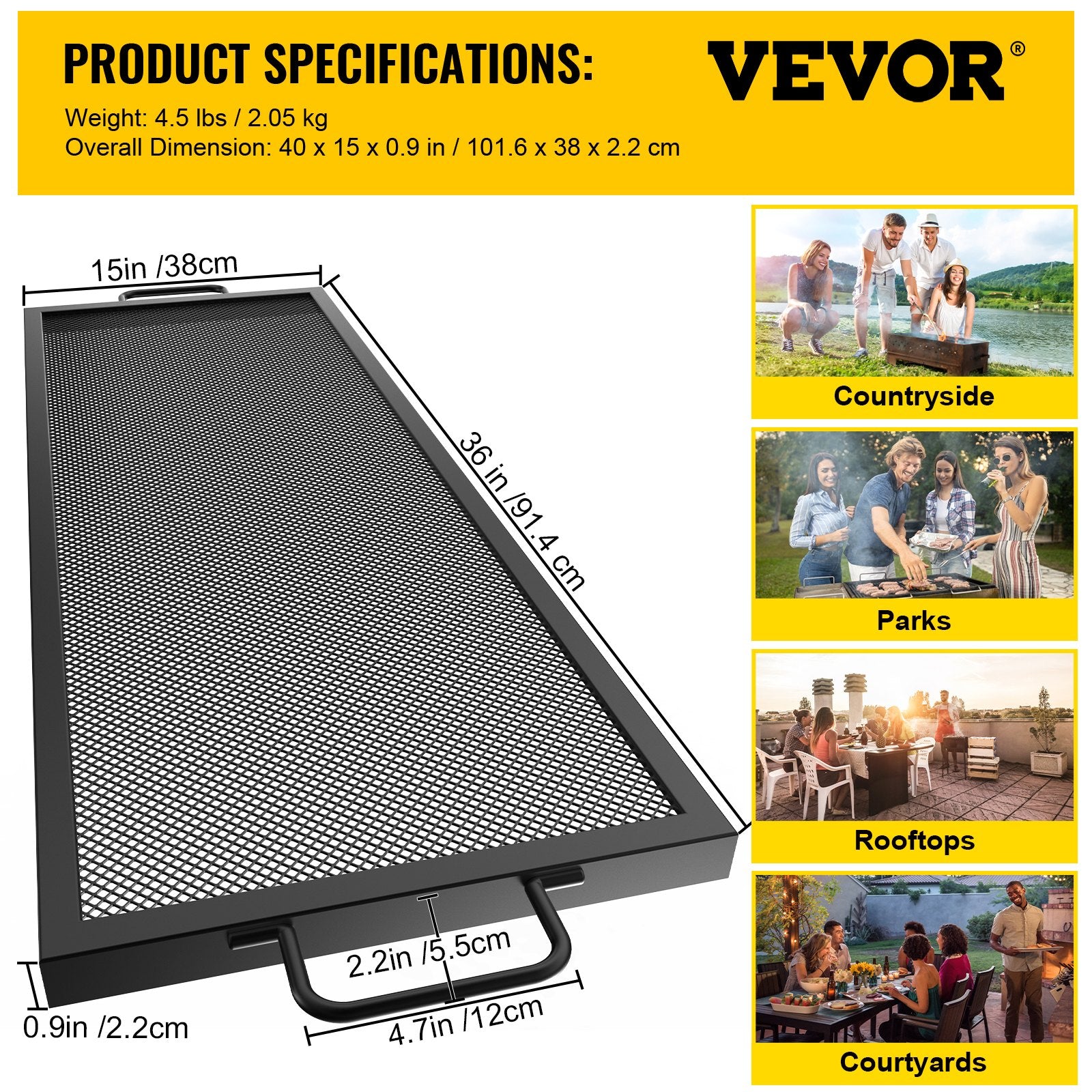 VEVOR Rectangle Fire Pit Grate, 40 x 15 inch Fire Pit Grill Grate, X-Marks Rectangle Grill Grate, Black Steel Fire Grate, Fire Pit Cooking Grate with Handles, Fire Grill Grate for Fire Pit, Campfire 