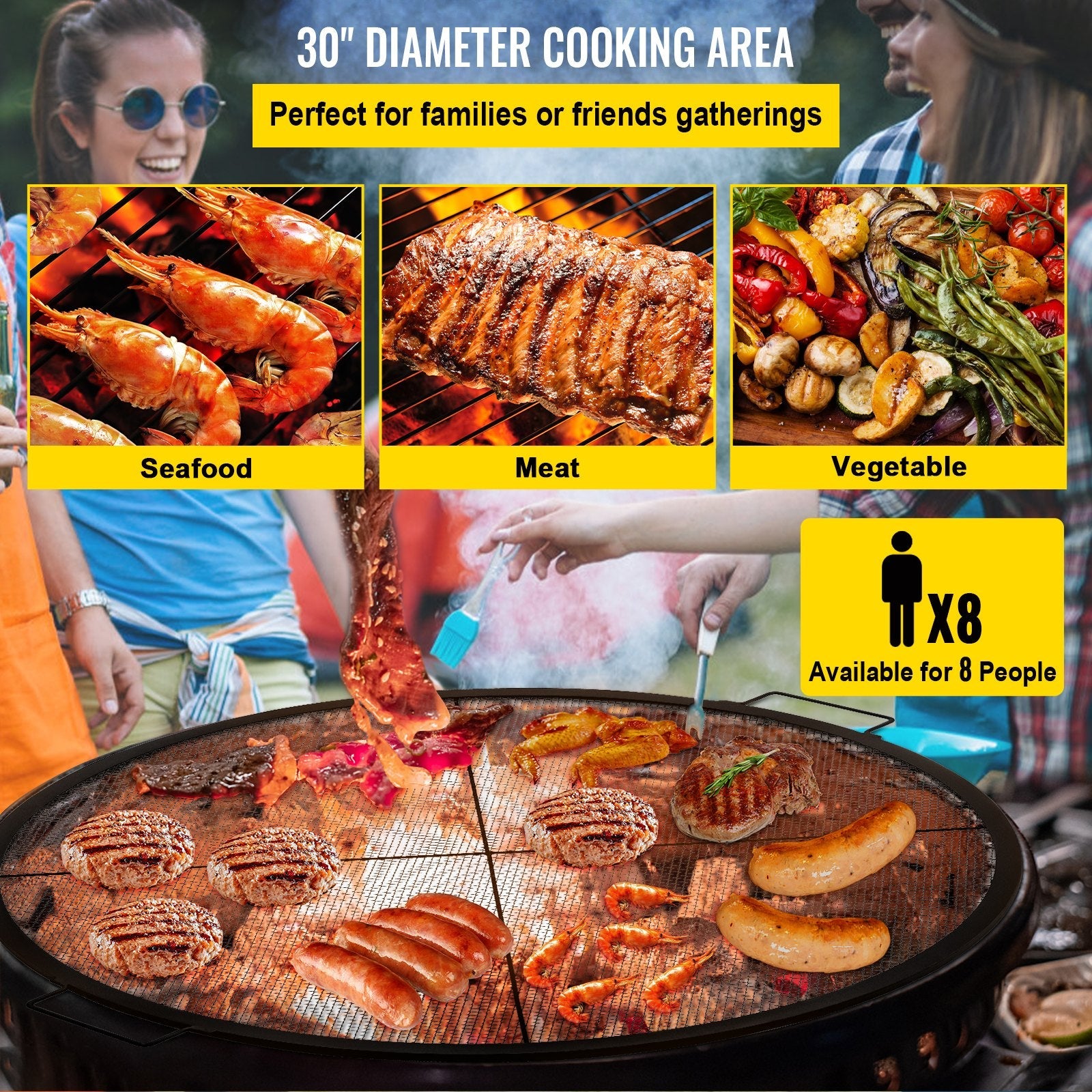 VEVOR Round Fire Pit Grate, 25\" Diameter Fire Pit Grill Grate, X-Marks Round Grill Grate, Black Steel Fire Grate, Fire Pit Cooking Grate with Handles, Fire Grill Grate for Outdoor Fire Pit, Campfire 