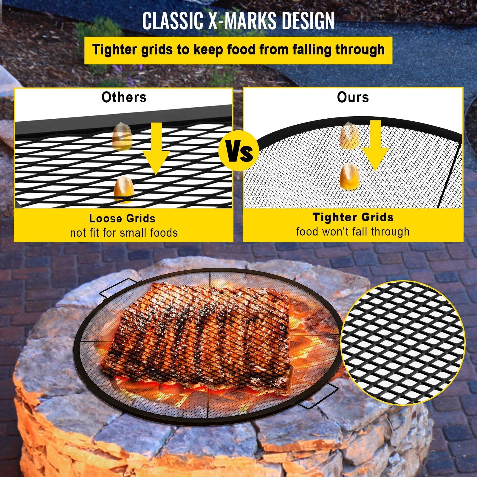 VEVOR Round Fire Pit Grate, 25\" Diameter Fire Pit Grill Grate, X-Marks Round Grill Grate, Black Steel Fire Grate, Fire Pit Cooking Grate with Handles, Fire Grill Grate for Outdoor Fire Pit, Campfire 