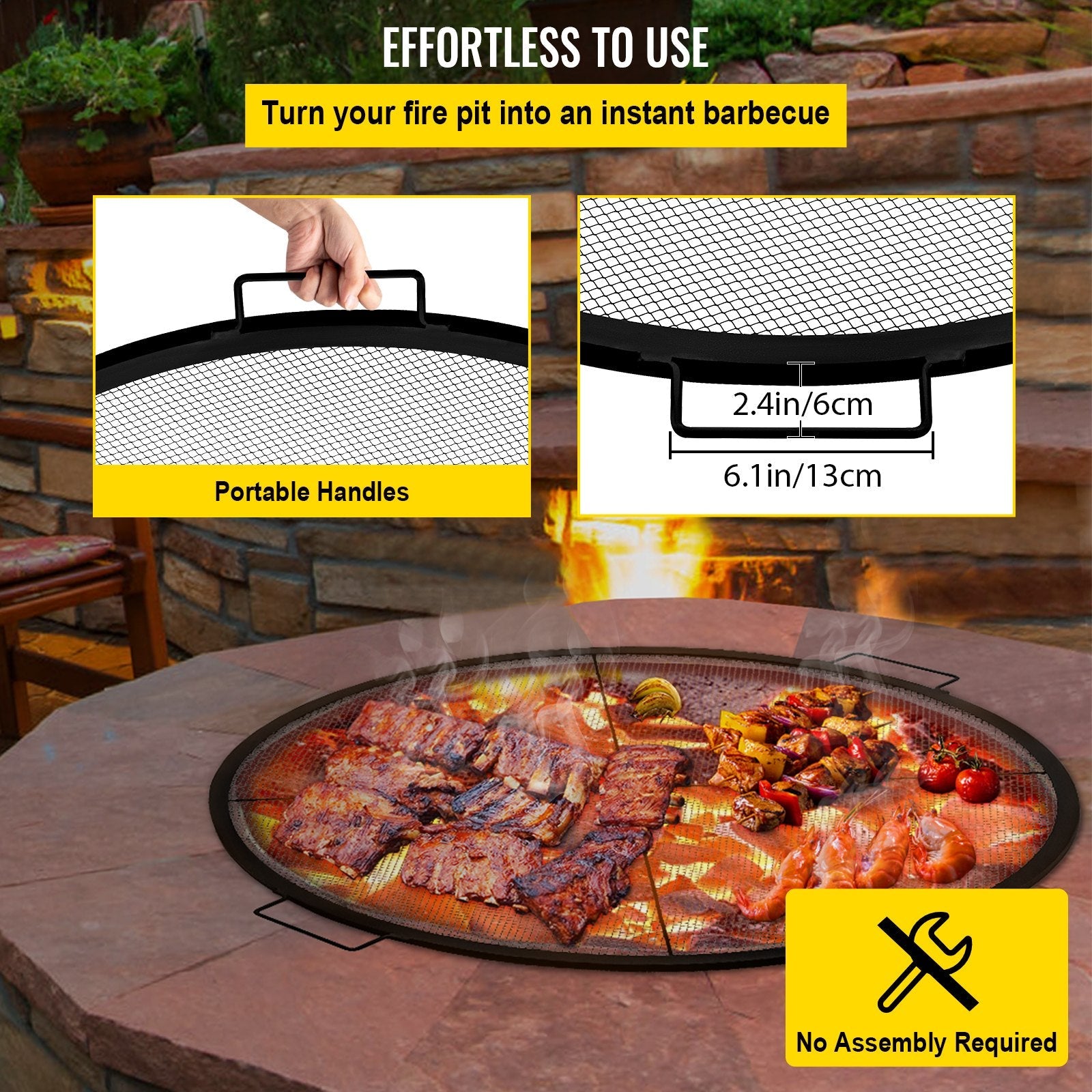 VEVOR Round Fire Pit Grate, 25\" Diameter Fire Pit Grill Grate, X-Marks Round Grill Grate, Black Steel Fire Grate, Fire Pit Cooking Grate with Handles, Fire Grill Grate for Outdoor Fire Pit, Campfire 