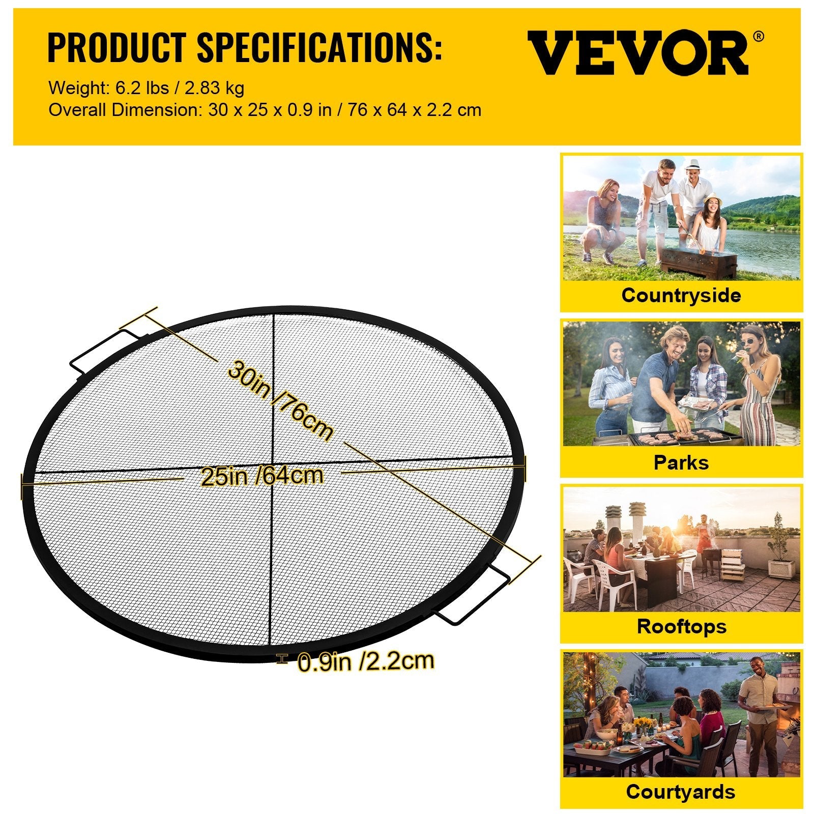 VEVOR Round Fire Pit Grate, 25\" Diameter Fire Pit Grill Grate, X-Marks Round Grill Grate, Black Steel Fire Grate, Fire Pit Cooking Grate with Handles, Fire Grill Grate for Outdoor Fire Pit, Campfire 