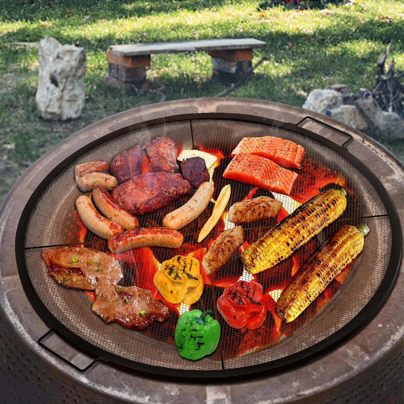 VEVOR Round Fire Pit Grate, 25\" Diameter Fire Pit Grill Grate, X-Marks Round Grill Grate, Black Steel Fire Grate, Fire Pit Cooking Grate with Handles, Fire Grill Grate for Outdoor Fire Pit, Campfire 