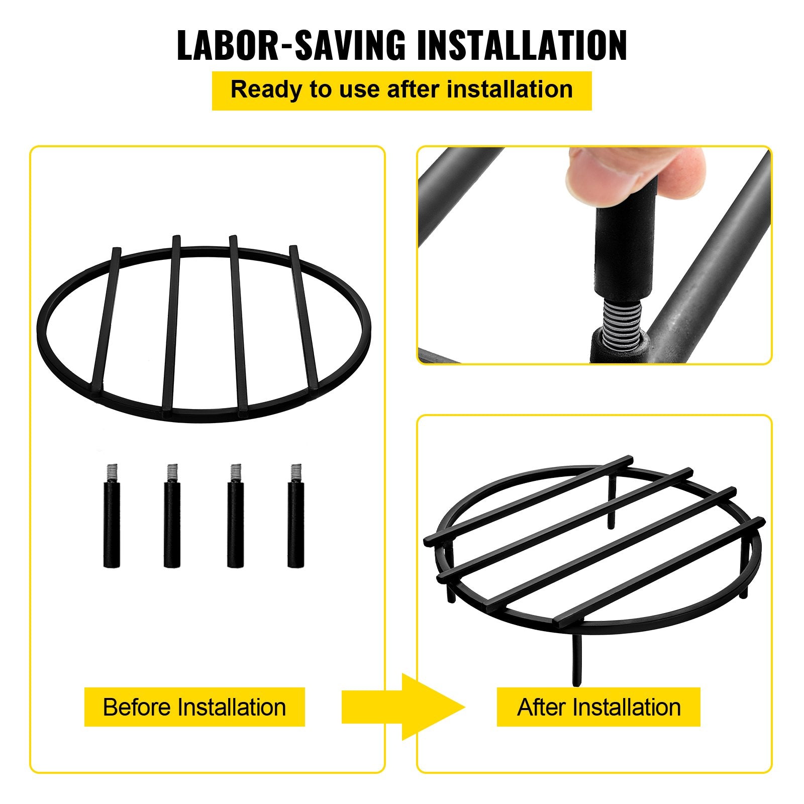 VEVOR Fire Pit Grate, Heavy Duty Iron Round Firewood Grate, Round Wood Fire Pit Grate 18", Firepit Grate with Black Paint, Fire Grate with 4 Removable Square Legs for Burning Fireplace and Firepits 